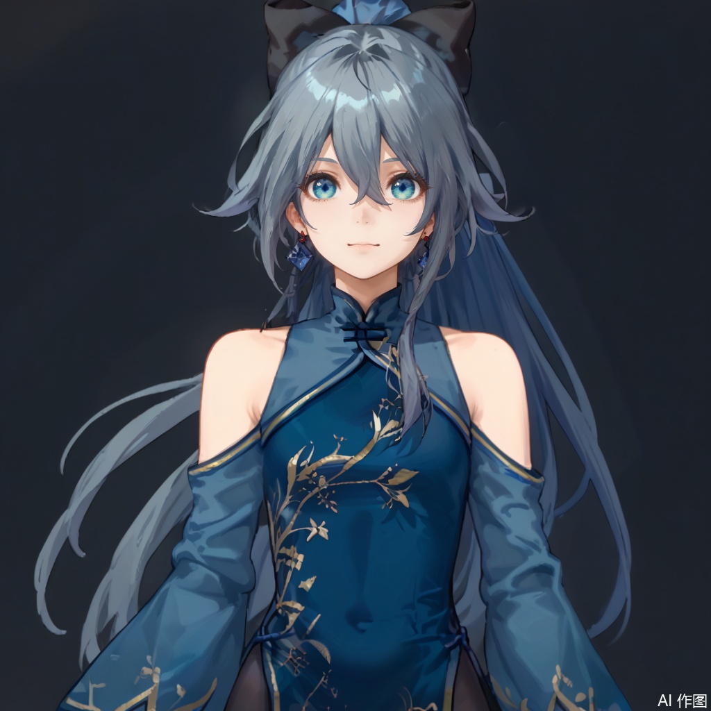 masterpiece, best quality,solo,(white background:1.2),simple background,
looking at viewer,fu_hua, long hair, bangs, blue eyes,grey hair, blue hair, hair ornament,hair between eyes, bare shoulders,very long hair, chinese clothes,china dress, jewelry, pantyhose,ponytail,wide sleeves, hair bow, blue bow,detached sleeves, green dress,aqua dress, thighhighs, footwear,black legwear, messy hair