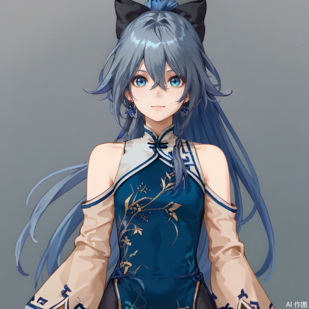 masterpiece, best quality,solo,(white background:1.2),simple background,
looking at viewer,fu_hua, long hair, bangs, blue eyes,grey hair, blue hair, hair ornament,hair between eyes, bare shoulders,very long hair, chinese clothes,china dress, jewelry, pantyhose,ponytail,wide sleeves, hair bow, blue bow,detached sleeves, green dress,aqua dress, thighhighs, footwear,black legwear, messy hair