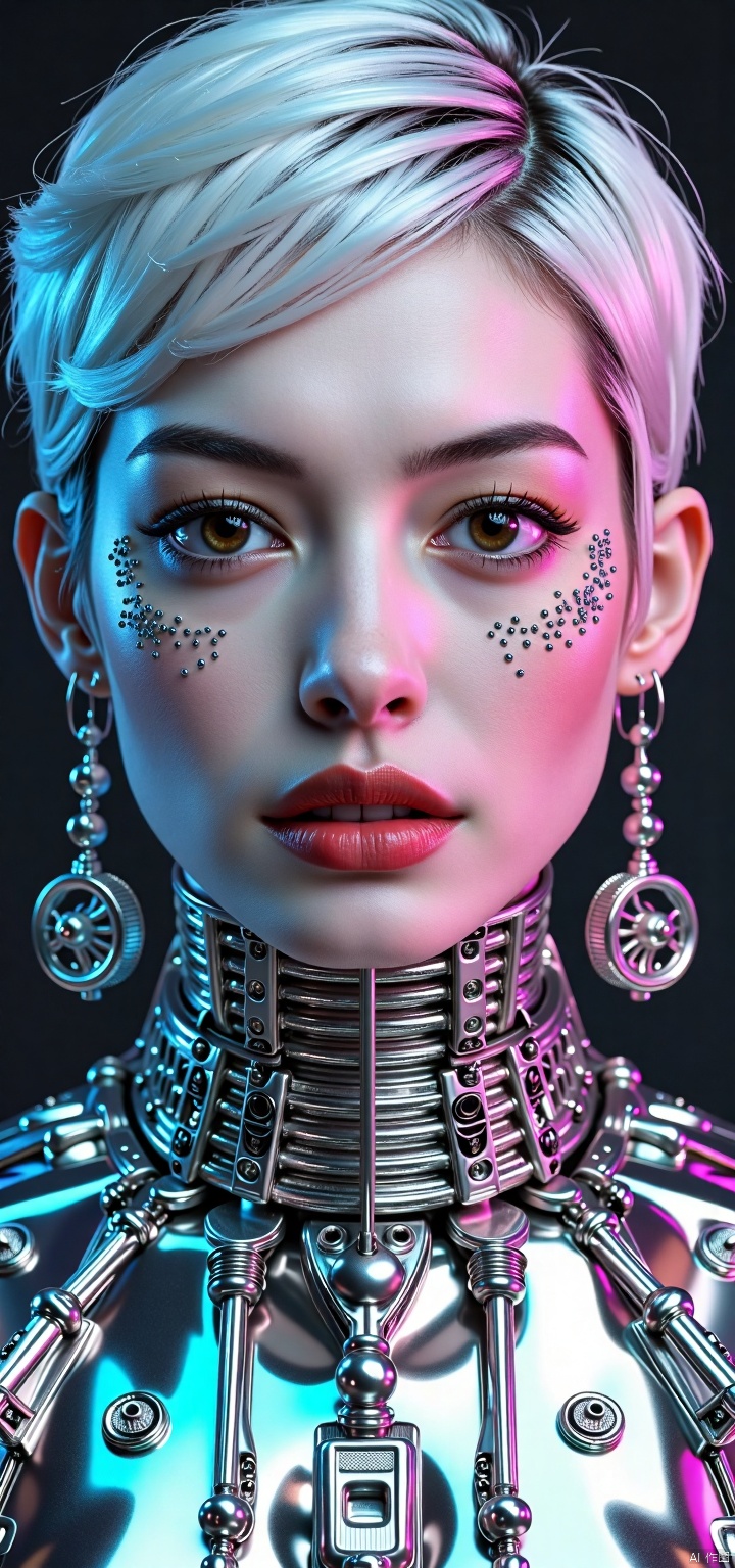 ((aidmaimageupgrader, aidmaMJ6.1, ne0nfant4sy)),(upper body), A hyper-realistic, face close-up portrait of a woman with striking, very short white hair, side-trimmed and expertly side-faded, facing the viewer with an expression that conveys both strength and mystery. Her eyes are partially closed, exuding a futuristic, serene presence. The left side of her face is adorned with an intricately detailed chrome mold, seamlessly integrated into her skin, partially covering her left eye. The chrome mold, designed with over 10,000 razor-thin chrome lines, extends outward in straight, rigid formations, resembling molten cheese strands but with a sleek, metallic finish. The chrome has a high-polished, reflective surface that catches and refracts an ethereal, neon-blue and magenta glow, adding a surreal touch. Sparkles embedded within the mold enhance its futuristic, otherworldly essence. Some sections of the chrome are semi-solid, with metallic drips that flow down her face in fluid dynamic patterns, suggesting a seamless merge between technology and organic form. Subtle holographic projections trace the edges of the chrome, emitting faint, pulsating neon symbols and geometric shapes that flicker and shift, adding layers of surrealism. The top of her head is in frame, showcasing the intricate chrome details, while the body remains out of frame, keeping focus on the striking, surreal facial composition that blends technology with artistic surrealism.,Mechanical girl,dlrb,hsw,hsw,zly