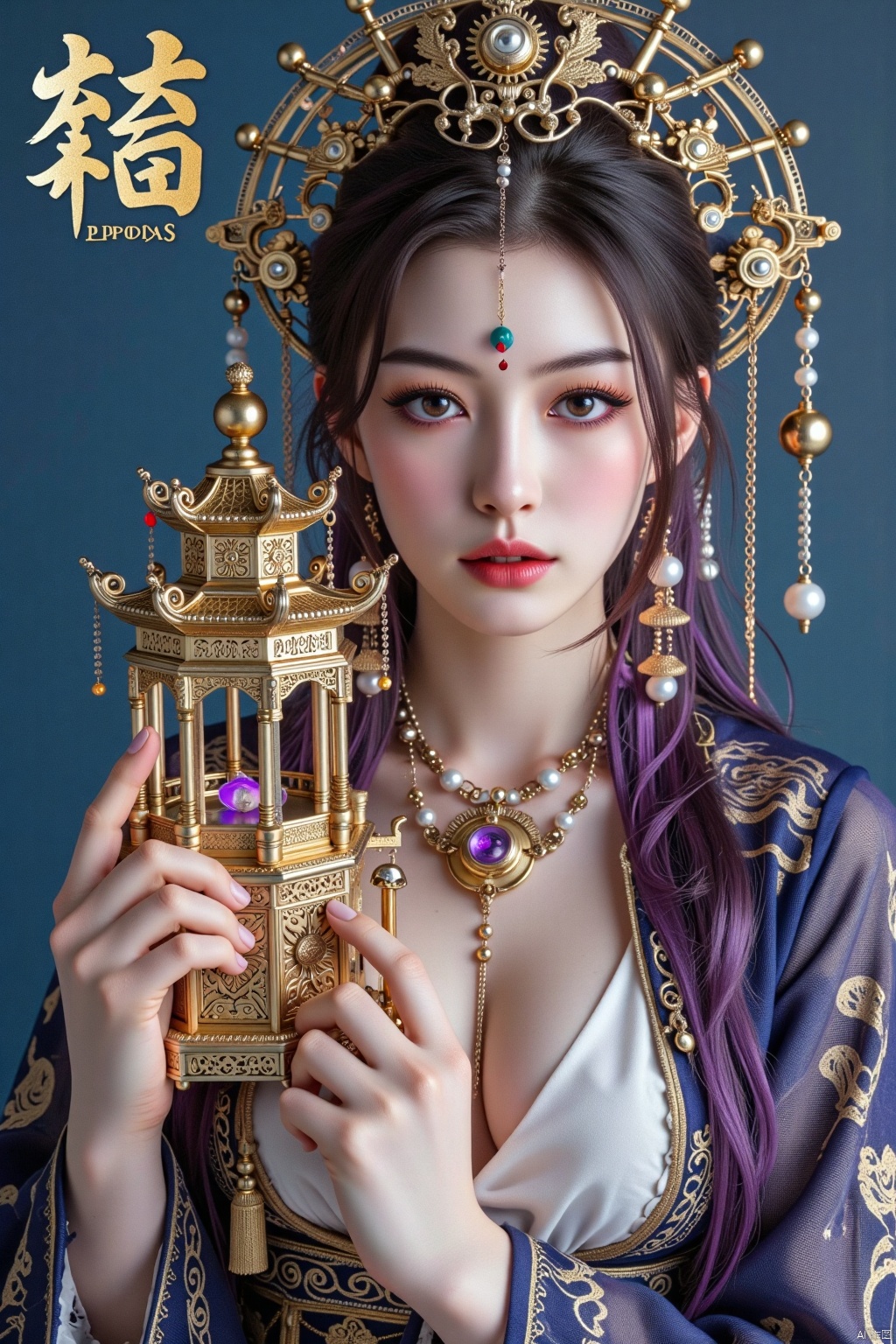 PLAY BOY cover of a beautiful Chinese woman with long purple,straight hair,The girl held the seven-treasure Linglong Tower, which was golden in color and emitted seven-color divine lightneck and shoulders encased in golden and silver mechanical components, art deco and steampunk fusion, elegant filigree details, holding the pagoda in both hands close to her face,(White and plump super breasts leaked from the chest of clothes),(huge breasts:2.79),(full breasts:1.99), posing for the magazine cover, professional photography with studio lighting, blue background, text at the top says "RAP", photo taken with a Canon EOS R6 Mark II Mirrorless camera in the style of 35mm f/8 aperture, intricate details.dlrb,zly,large natural breast,soft breasts