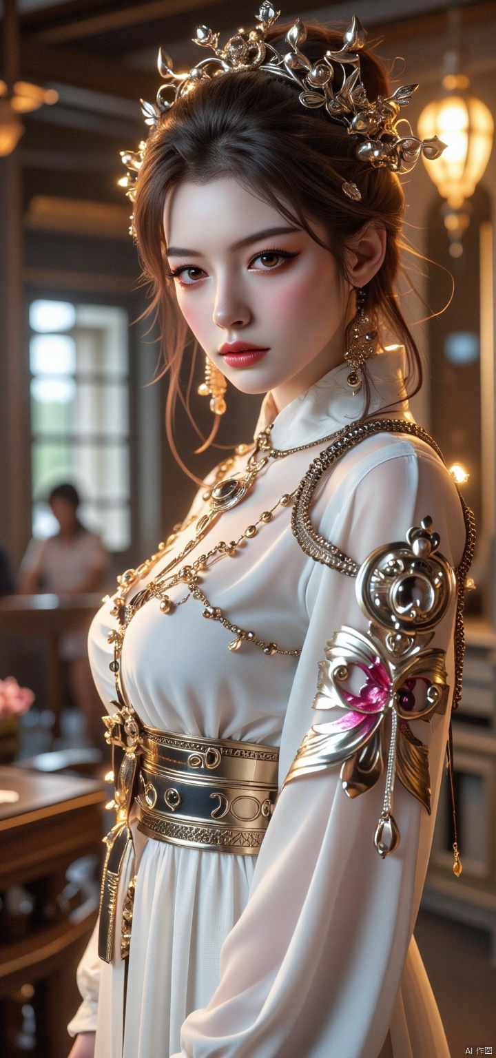 (full body), Girl, dramatic lighting, white Mech, Honey Mech, right on camera, full body shot,(Masterpiece, Top Quality, Best Quality,(White and plump super breasts leaked from the chest of clothes),(huge breasts:2.79),(full breasts:1.99)full_body, Official art, Beauty and Aesthetics :1.2), (1 girl), Extreme Detail, (Fractal art :1.3), colorful, highest detail.