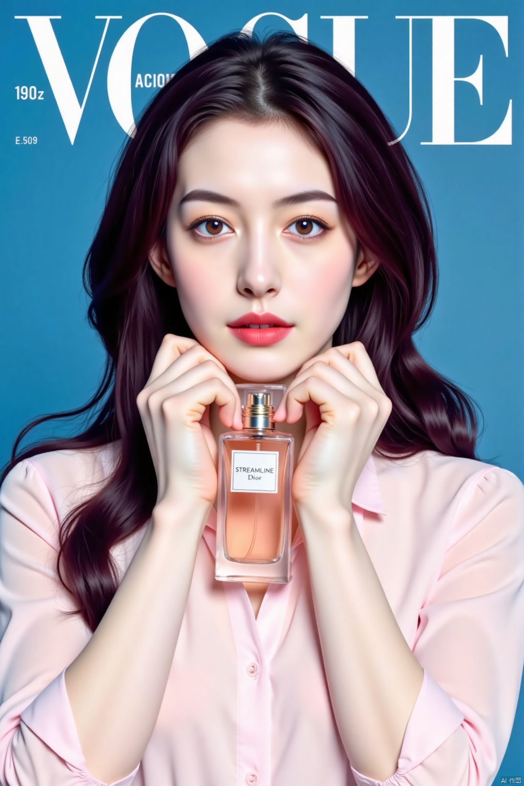 Vogue cover of a beautiful Korean woman with long purple,straight hair holding Dior "Streamline" perfume, wearing a light pink and white patterned shirt, holding the bottle in both hands close to her face, posing for the magazine cover, professional photography with studio lighting, blue background, text at the top says "TenKai", photo taken with a Canon EOS R6 Mark II Mirrorless camera in the style of 35mm f/8 aperture, intricate details.dlrb,hsw