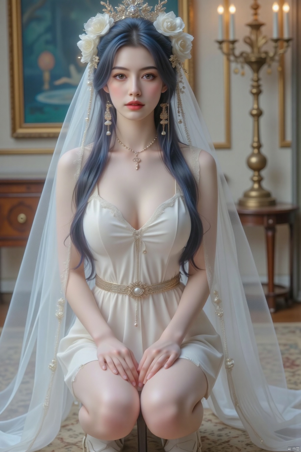 1girl, solo, long hair, breasts, looking at viewer, blue eyes, large breasts, blue hair, hair ornament, dress, cleavage, bare shoulders, jewelry, full body, flower, earrings, indoors, hair flower, white dress,, high heels, see-through, strapless, squatting, white footwear, white flower, veil, lace trim, strapless dress, between legs, hand between legs, wedding dress, red lips, bridal veil, bride photo taken with a Canon EOS R6 Mark II Mirrorless camera in the style of 35mm f/8 aperture, intricate details.dlrb,hsw