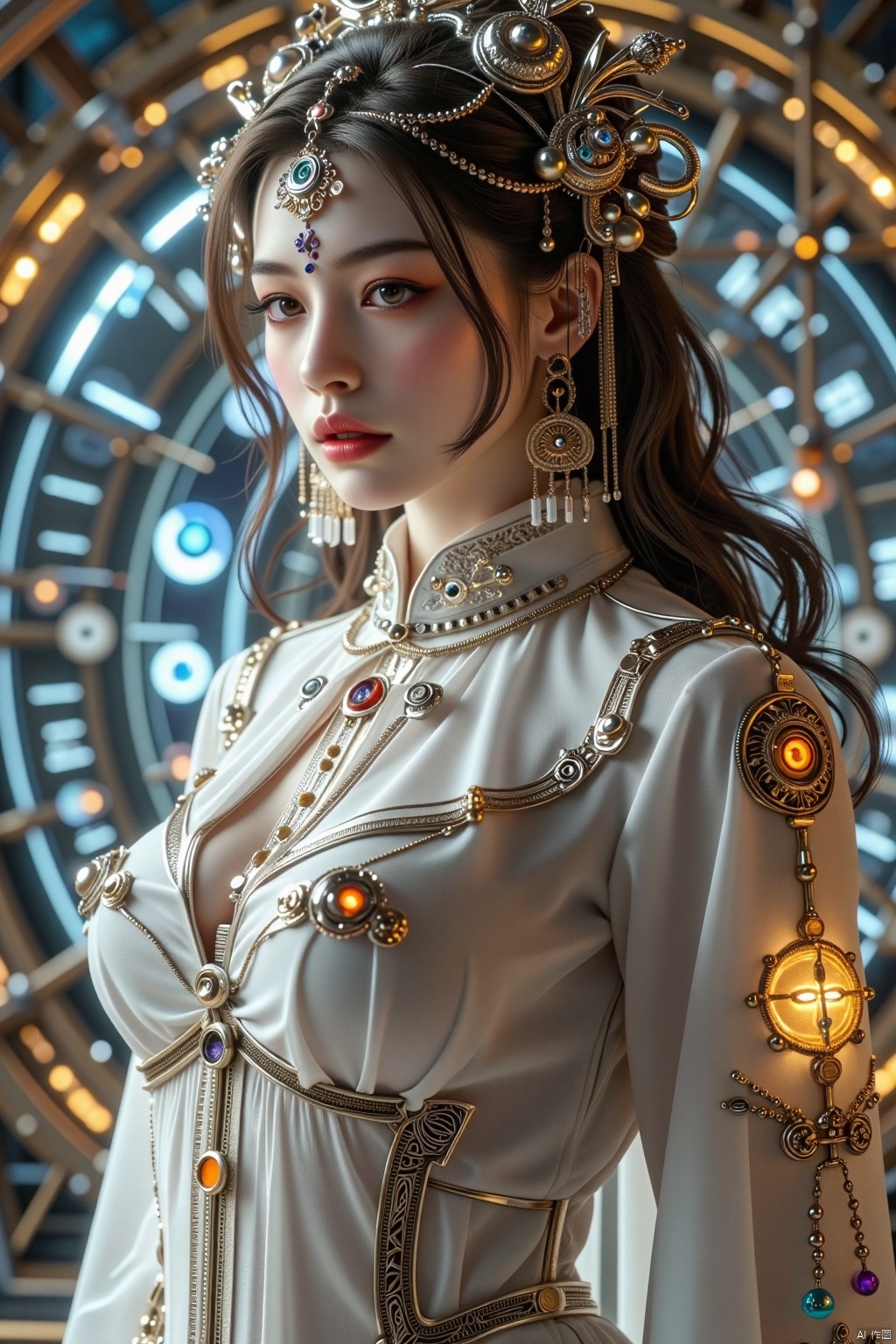 (full body), Girl, dramatic lighting, white Mech, Honey Mech, right on camera, full body shot,(Masterpiece, Top Quality, Best Quality,(White and plump super breasts leaked from the chest of clothes),(huge breasts:2.79),(full breasts:1.99)full_body, Official art, Beauty and Aesthetics :1.2), (1 girl), Extreme Detail, (Fractal art :1.3), colorful, highest detail.,Tech Indian