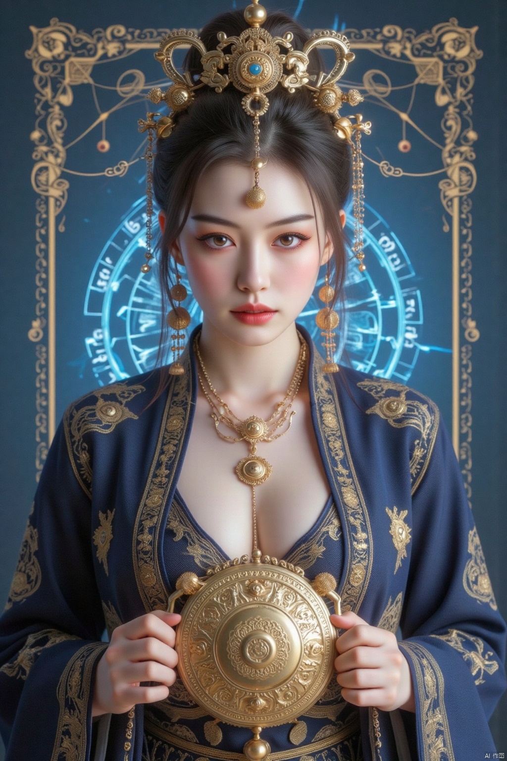 FANFU SUZI cover of a beautiful Chinese woman with pixie-cut sliver hair,The girl held on Bell of Eastern Emperor,which was golden in color and emitted seven-color divine lightneck, elegant filigree details, holding the Bell in both hands close to her face,(White and plump super breasts leaked from the chest of clothes),(huge breasts:2.79),(full breasts:1.99), posing for the magazine cover, professional photography with studio lighting, blue background, text at the top says "凡夫", photo taken with a Canon EOS R6 Mark II Mirrorless camera in the style of 35mm f/8 aperture, intricate details.dlrb,zly,large natural breast,soft breasts,hsw,xuanhuanfapao,huge Breasts,cleavage