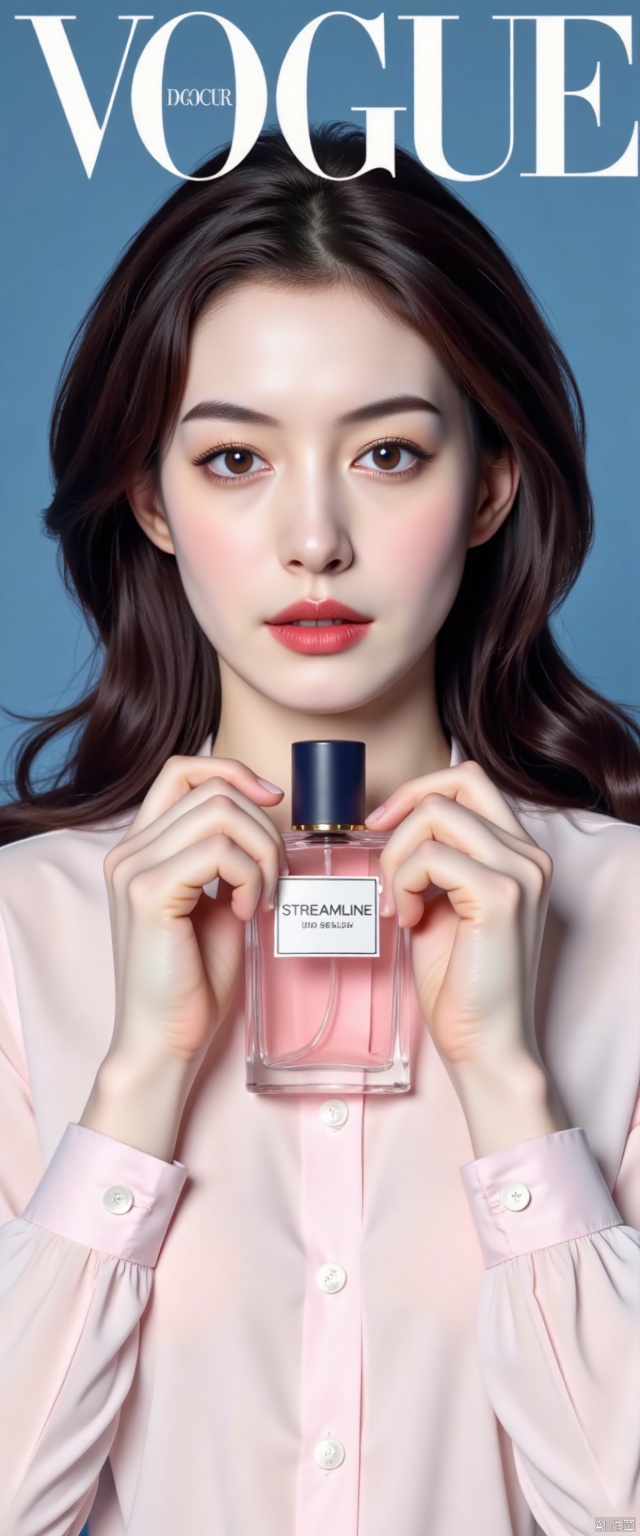 Vogue cover of a beautiful Korean woman with long purple,straight hair holding Dior "Streamline" perfume, wearing a light pink and white patterned shirt, holding the bottle in both hands close to her face, posing for the magazine cover, professional photography with studio lighting, blue background, text at the top says "TenKai", photo taken with a Canon EOS R6 Mark II Mirrorless camera in the style of 35mm f/8 aperture, intricate details.dlrb,hsw