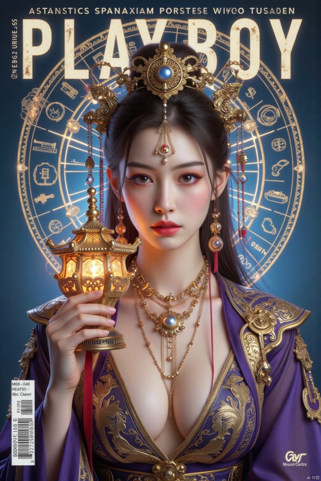 PLAY BOY cover of a beautiful Chinese woman with long purple,straight hair,The girl held the seven-treasure Linglong Tower, which was golden in color and emitted seven-color divine lightneck and shoulders encased in golden and silver mechanical components, art deco and steampunk fusion, elegant filigree details, holding the pagoda in both hands close to her face,(White and plump super breasts leaked from the chest of clothes),(huge breasts:2.79),(full breasts:1.99), posing for the magazine cover, professional photography with studio lighting, blue background, text at the top says "RAP", photo taken with a Canon EOS R6 Mark II Mirrorless camera in the style of 35mm f/8 aperture, intricate details.dlrb,zly,large natural breast,soft breasts