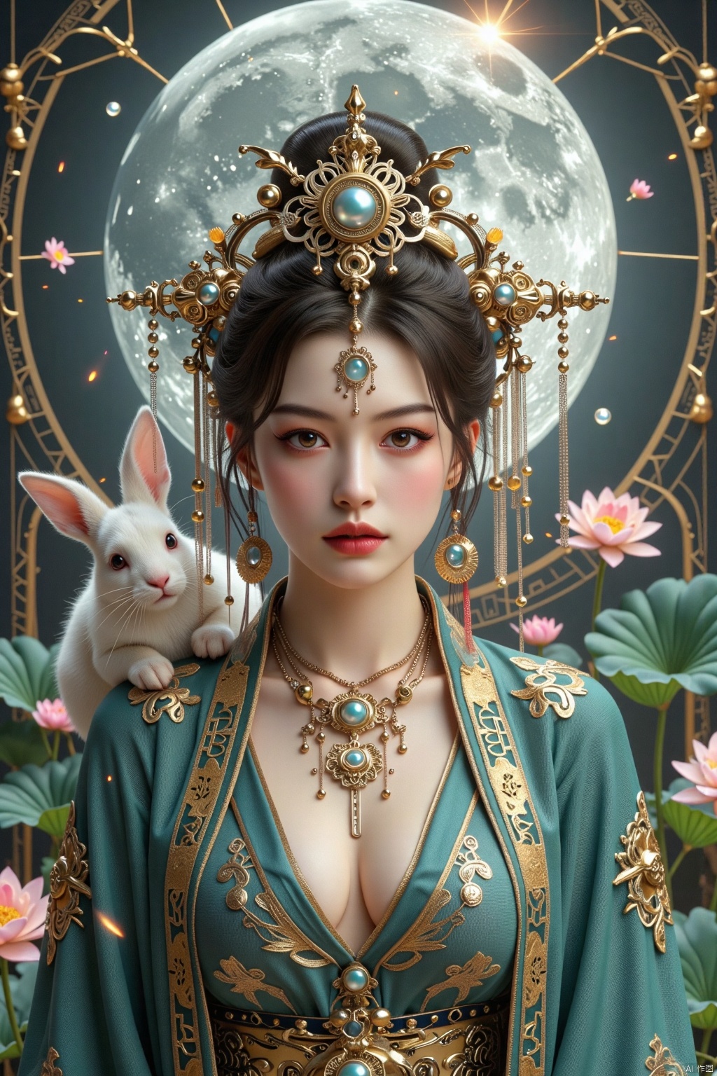 1girl,goddess zi on the moon flying near the pond with some lotus flowers,Holding a white rabbit,in the style of harmonious color palette,multilayered compositions,detailed character design,nightmarish illustrations,light amber and green,traditional costumes,vibrant murals,hanfu,(looking_at_viewer:1.2),(facing camera:1.5),ray tracing,shadows,ultra sharp,metal,((cold colors)),Epic CG masterpiece,(3D rendering),facing camera,ultra high resolution,(masterpiece),(best quality),(super detailed),(extremely delicate and beautiful),cinematic light,detailed environment,(real),(ultra realistic details:1.5),(finely detailed features),stunning colors,cinematic lighting effects,super wide Angle,light particles,light particle art,glowing,dynamic poses,surreal,futurism,concept art,designed by greg manchess,smoke,trending on art station,photoreal,8 k,octane render by greg rutkowski,art by Carne Griffiths and Wadim Kashin,in the style of Dau-al-Set,Pollock,and inspired by MAPPA and Zdzislaw Beksinski,(White and plump super breasts leaked from the chest of clothes),(huge breasts:2.79),(full breasts:1.99),The background is a super large futuristic ancient building that combines modern metal and glass technology. There is a planet in the background. photo taken with a Canon EOS R6 Mark II Mirrorless camera in the style of 35mm f/8 aperture, intricate details.dlrb,hsw,Beautiful Mech