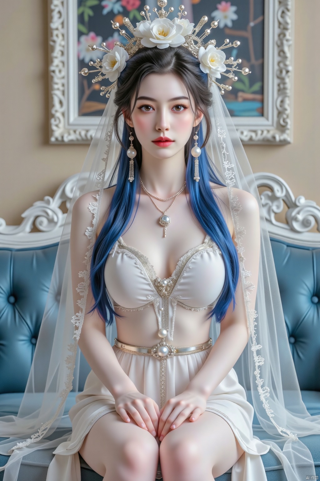 1girl, solo, long hair, breasts, looking at viewer, blue eyes, large breasts, blue hair, hair ornament, dress, cleavage, bare shoulders, jewelry, full body, flower, earrings, indoors, hair flower, white dress,, high heels, see-through, strapless, squatting, white footwear, white flower, veil, lace trim, strapless dress, between legs, hand between legs, wedding dress, red lips, bridal veil, bride photo taken with a Canon EOS R6 Mark II Mirrorless camera in the style of 35mm f/8 aperture, intricate details.dlrb,hsw