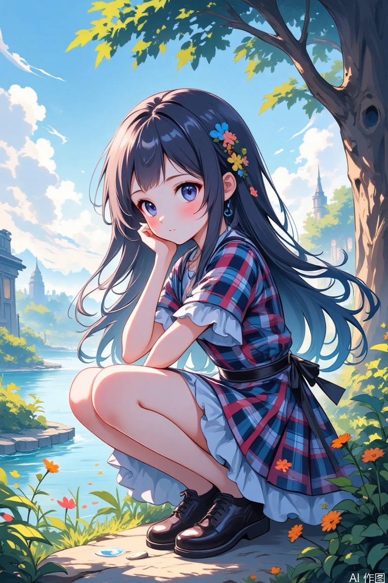 1girl, solo, long hair, black hair, dress, short sleeves, outdoors, day, black footwear, black eyes, tree, plaid, squatting, plant, scenery, head rest, hand on own chin, plaid dress