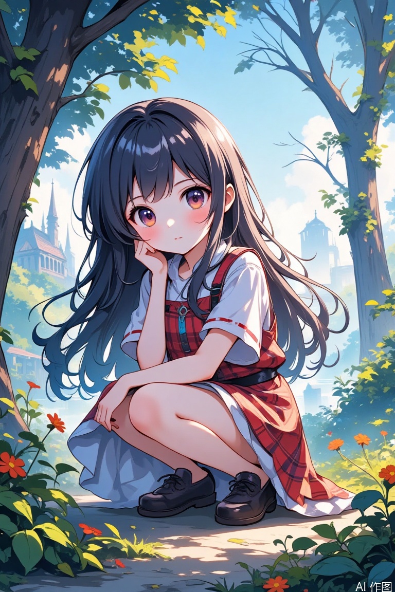 1girl, solo, long hair, black hair, dress, short sleeves, outdoors, day, black footwear, black eyes, tree, plaid, squatting, plant, scenery, head rest, hand on own chin, plaid dress