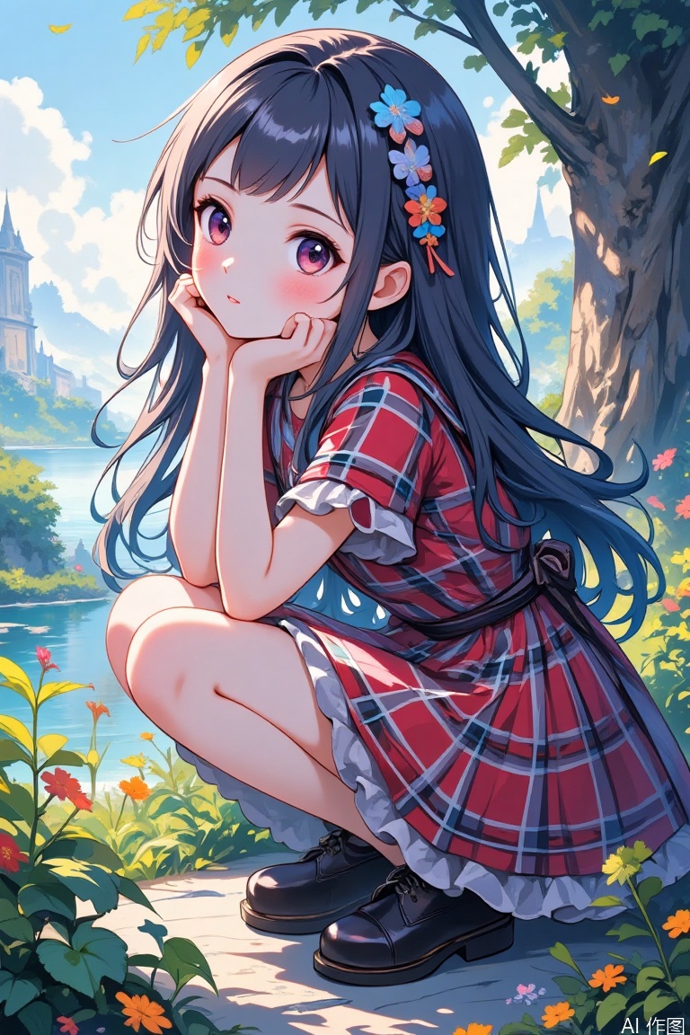 1girl, solo, long hair, black hair, dress, short sleeves, outdoors, day, black footwear, black eyes, tree, plaid, squatting, plant, scenery, head rest, hand on own chin, plaid dress