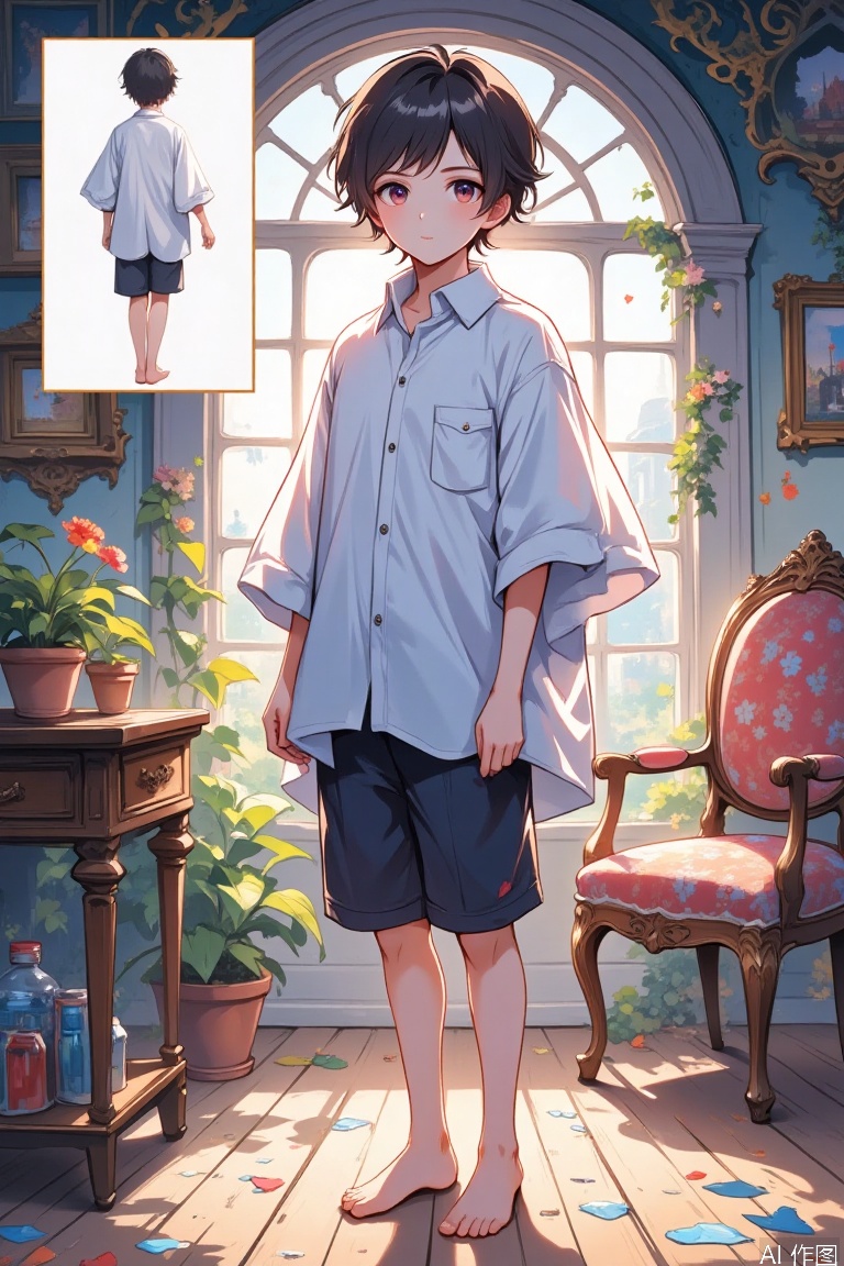 solo, short hair, brown hair, shirt, black hair, 1boy, standing, full body, white shirt, male focus, barefoot, indoors, cosplay, chair, wooden floor, realistic, photo background, reference inset, oversized shirt, photo inset