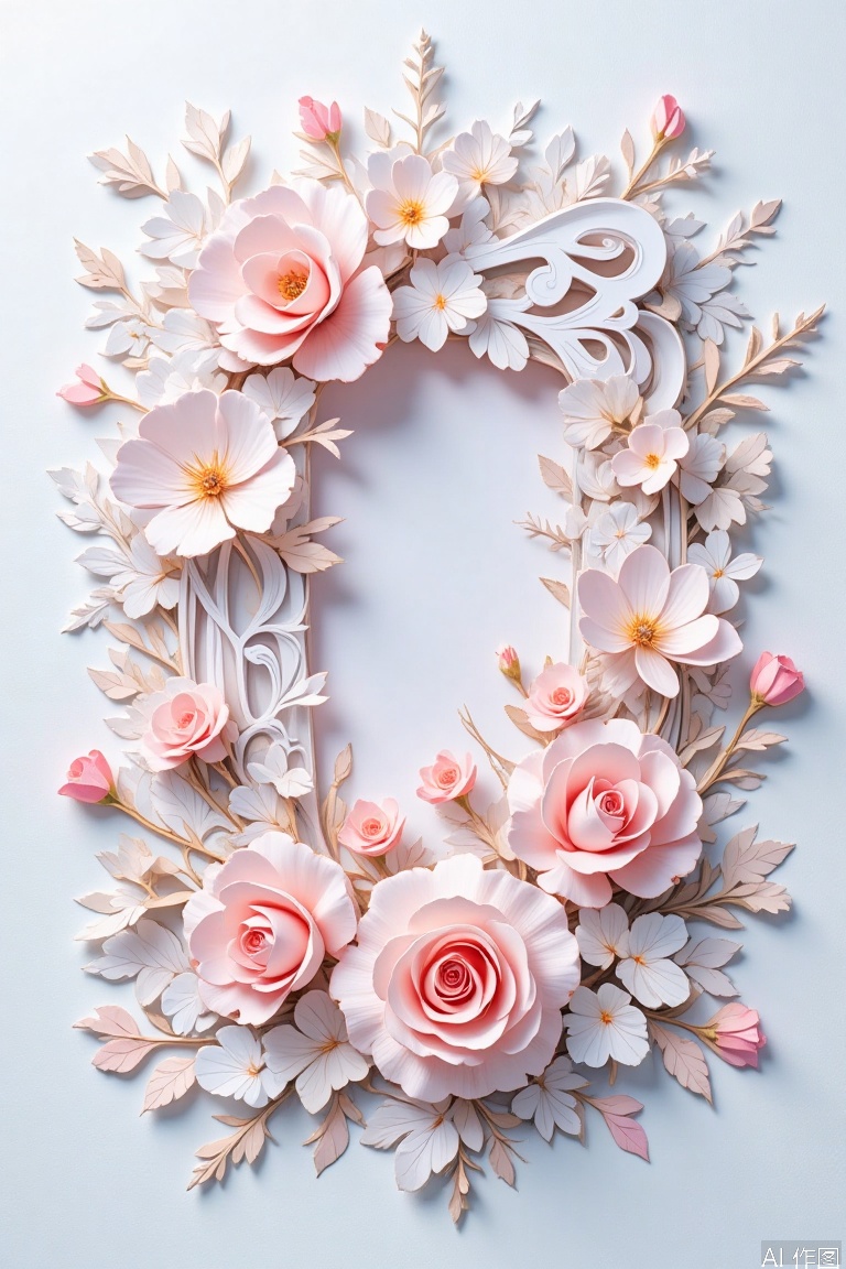 A stunning magazine cover featuring a delicate fusion of paper art and floral elegance. On a crisp white background, intricately embossed roses and lilies in soft pink hues rise from the layers of textured Japanese paper. A large letter flower in bold cursive script dominates the top of the cover, its edges expertly layered to create a sense of dimensionality. The overall composition is clean and minimalist, allowing the beauty of the paper art and floral motifs to take center stage.
