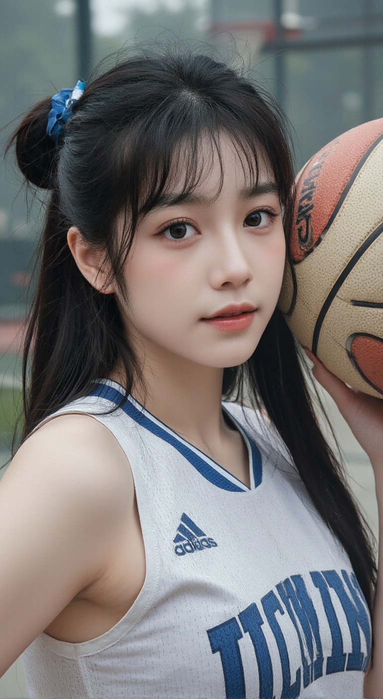 Character: a young Chinese woman playing basketball,  white blue sport suit,  Gazing at the camera with a soft on Tensor.Art