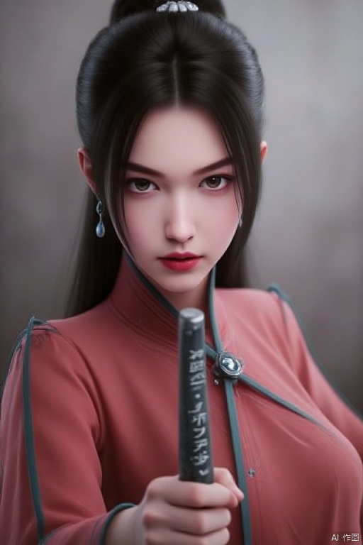 1 girl, solo, long hair, looking at the viewer, black hair, hair accessories, long sleeves, dress, jewelry, upper body, ponytail, earrings, red cheongsam, Chinese clothing, fabrics have traces of time, with the golden silk edge, looks simple yet fashionable. White Phnom Penh hair ornaments, she held a long iron sword, sword engraved with ancient runes, eyes show determination and determination.