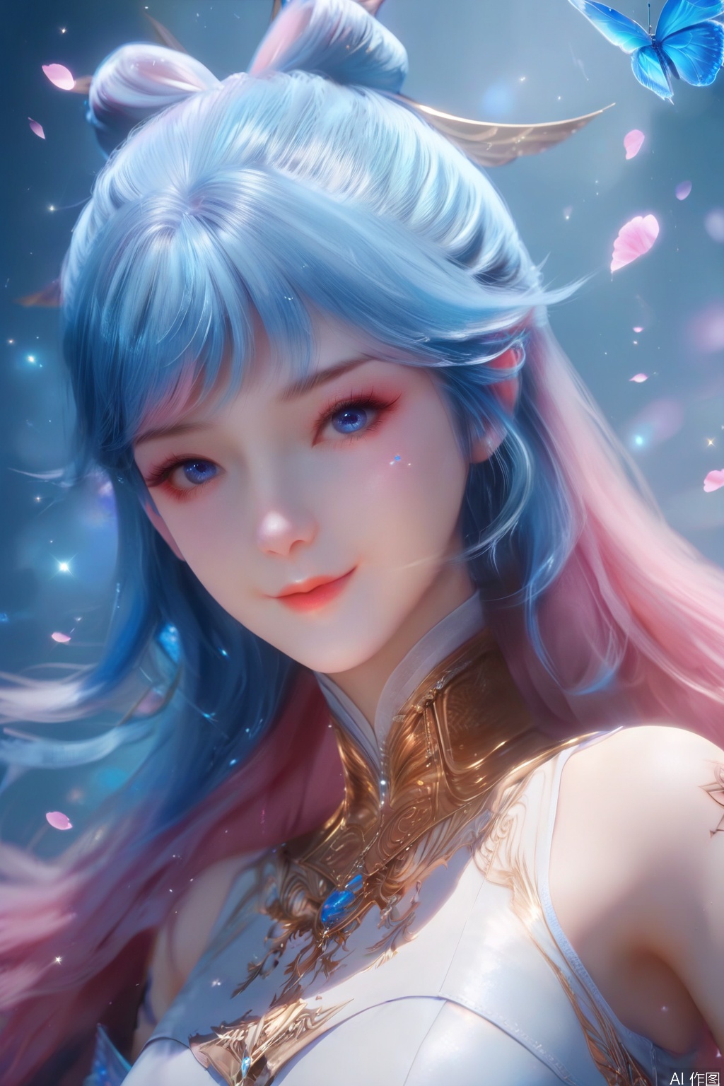 score_9,score_8_up,score_7_up,1girl,solo,hair ornament,long hair,looking at viewer,jewelry,multicolored hair,blue eyes,dress,blue hair,pink hair,flower,ribbon,petals,detached collar,bug,blue butterfly,sparkle,pillar,tattoo,portrait,smile,3d,realistic