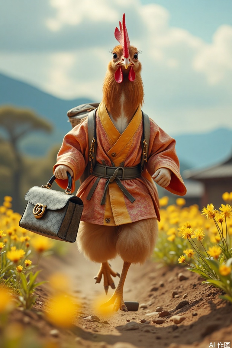 A chicken in Hanfu carrying a Gucci bag runs in the field,anthropomorphic animals