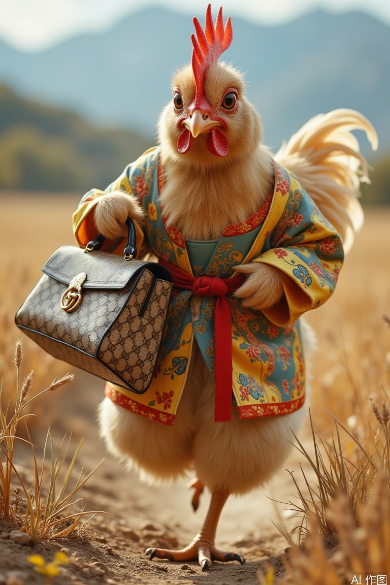 A chicken in Hanfu carrying a Gucci bag runs in the field,anthropomorphic animals
