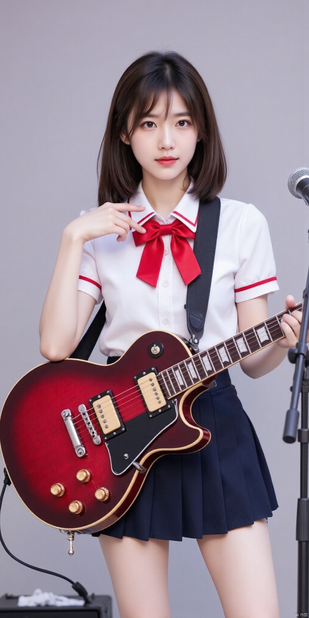 meinvzi,1girl,  solo, electric_guitar, guitar, , instrument, gibson_les_paul, long_hair, school_uniform, skirt, microphone_stand, holding, pointing, microphone, chromatic_aberration, hair_between_eyes, music, pointing_at_viewer, red_bow, bow, one_side_up, looking_at_viewer, pleated_skirt, short_sleeves, shirt, holding_instrument, sailor_collar, bowtie, playing_instrument, red_bowtie, shuka_high_school_uniform