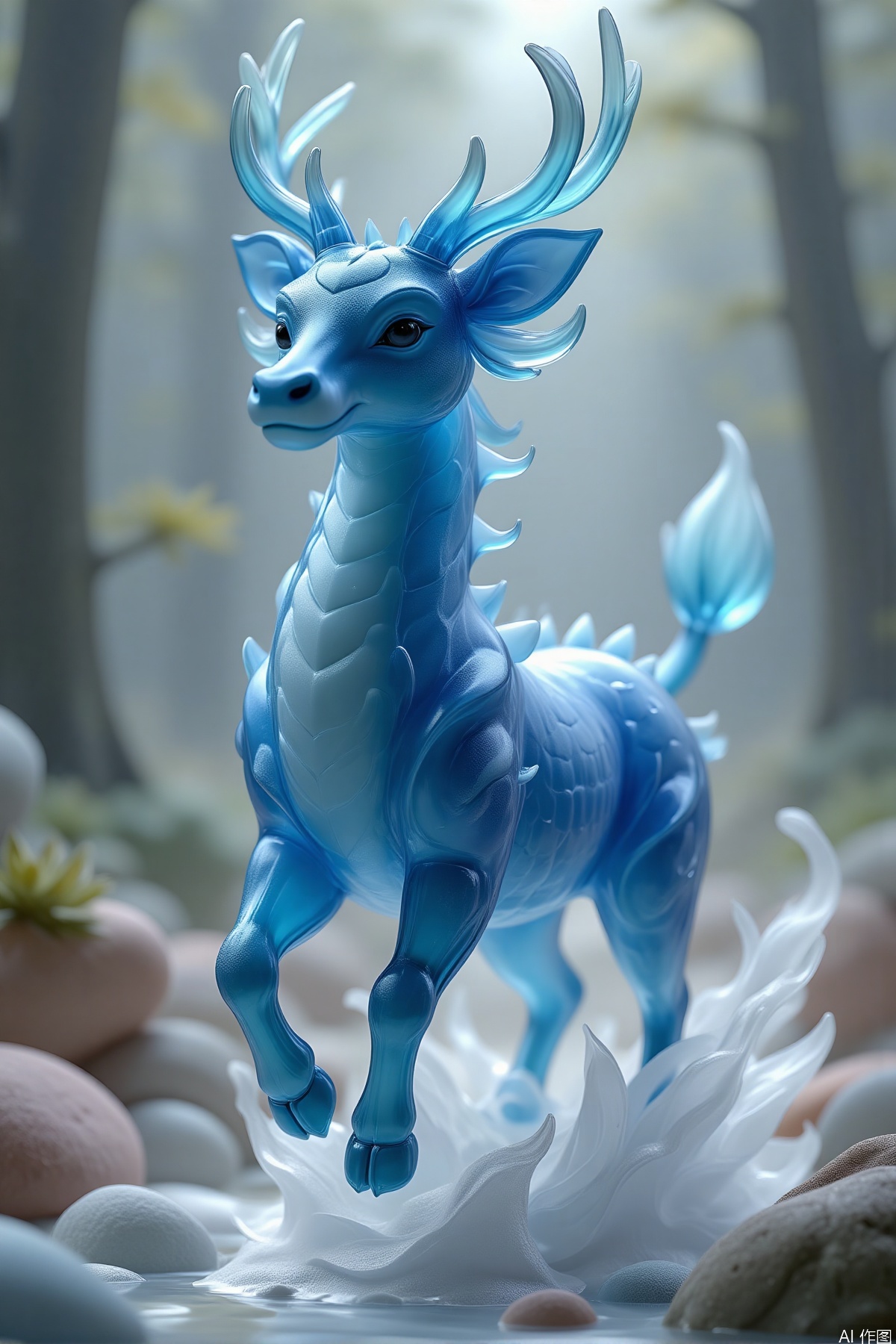 duocaishuijindongwu,   (A mythical animal in the ancient Chinese classic "Shan Hai Jing", surreal, water qilin, a divine beast with a blue body and excellent water properties, a dragon head, and antlers. Running or jumping in the fairyland, it shows the agility and power of its divine beast. Full body image. Atmosphere colors are water blue and white. Realistic photography style, fantasy art aesthetics, movie lighting, Chinese bizarre aesthetics, romantic scenery, fine lines, Unreal engine rendering, ethereal rendering, fairyland background, natural light, 8K, exquisite details, beautiful lighting effects, dream engine.), (best quality,4k,8k,highres,masterpiece:1.2),ultra-detailed,(realistic,photorealistic,photo-realistic:1.37),ethereal glow,sharp focus,physically-based rendering,extreme detail description,professional,vivid colors,bokeh,nighttime,moonlight,shadows,rocks,crystals,glowing eyes,flowing fur,spiritual aura,ancient runes,enchanted forest,mythical,legendary,atmospheric lighting,haunting beauty,otherworldly atmosphere,celestial,unearthly,phantasmagoric,fantasy art,concept art,digital painting,HDR,UHD,studio lighting,ultra-fine painting,