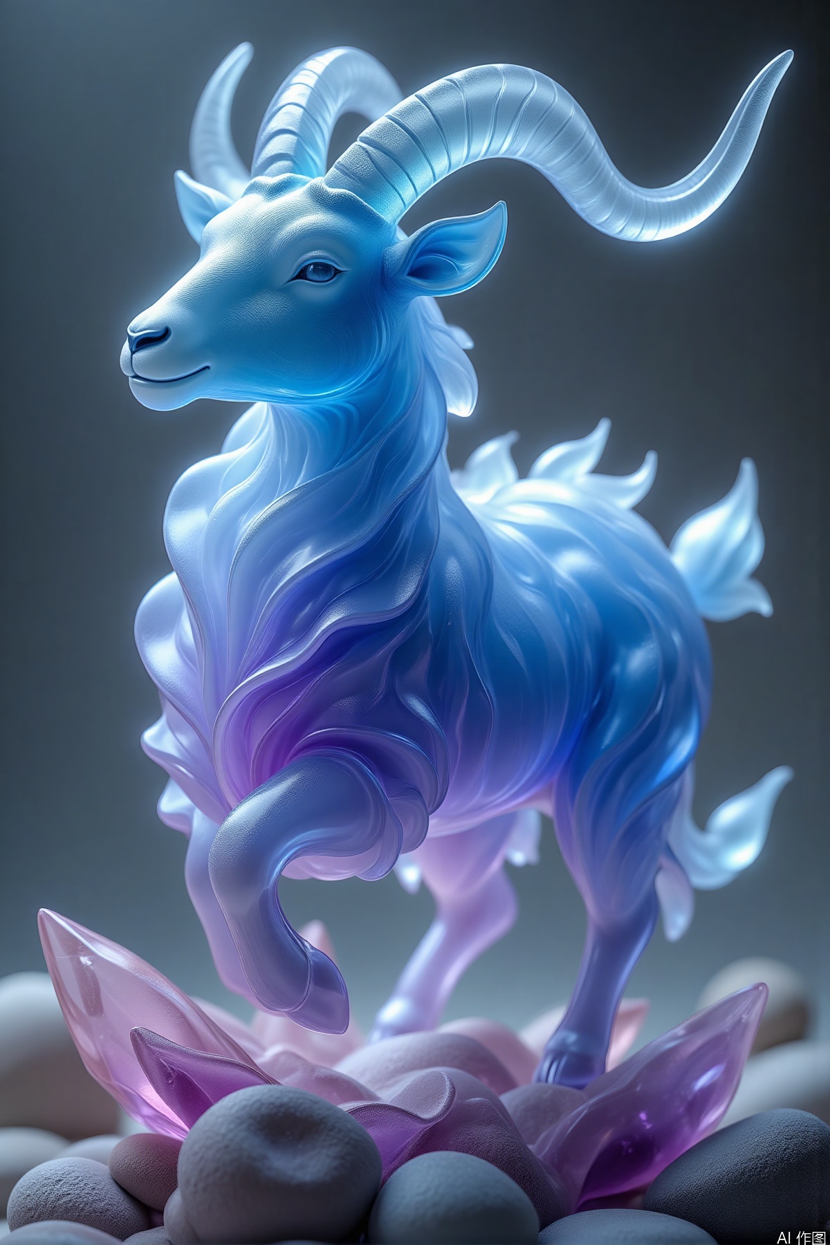 duocaishuijindongwu, (Shanhaijing style, a spirit beast with horns like a goat, transparent all over, blue all over, crystal clear, emitting light, blue purple gradient, emitting light in the darkness), (best quality,4k,8k,highres,masterpiece:1.2),ultra-detailed,(realistic,photorealistic,photo-realistic:1.37),ethereal glow,sharp focus,physically-based rendering,extreme detail description,professional,vivid colors,bokeh,nighttime,moonlight,shadows,rocks,crystals,glowing eyes,flowing fur,spiritual aura,ancient runes,enchanted forest,mythical,legendary,atmospheric lighting,haunting beauty,otherworldly atmosphere,celestial,unearthly,phantasmagoric,fantasy art,concept art,digital painting,HDR,UHD,studio lighting,ultra-fine painting,
