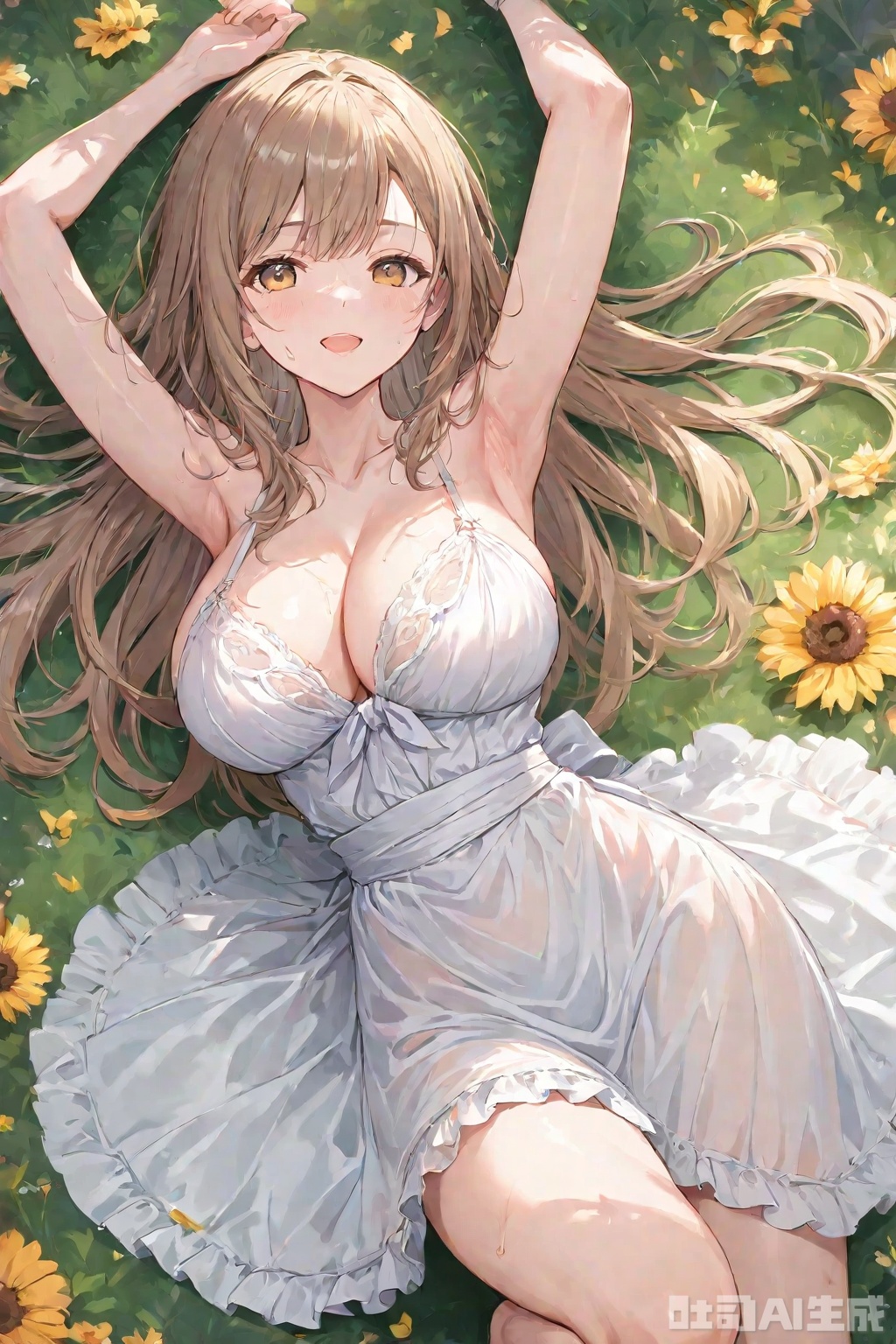 The beauty lies down and raises one leg