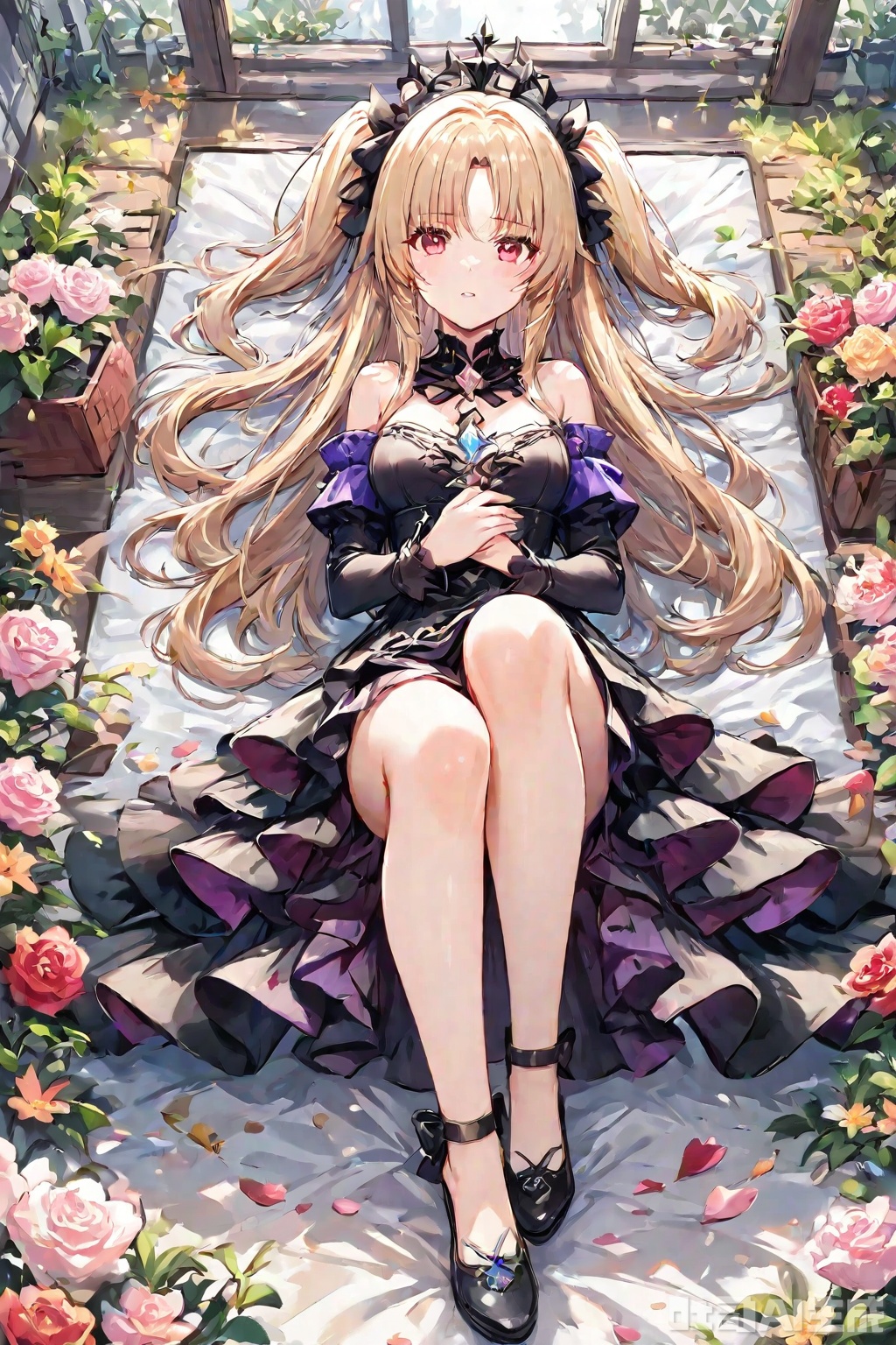 The beauty lies down and raises one leg