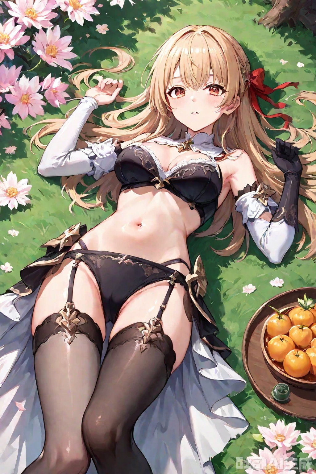 The beauty lies down and raises one leg