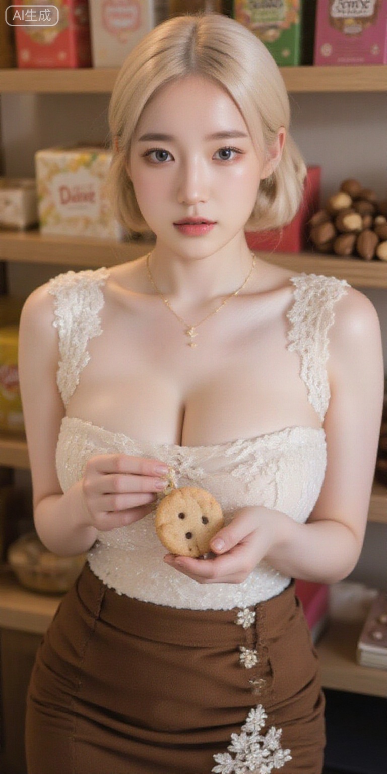 The blonde woman is wearing a white dress and brown skirt decorated with retro lace,  holding snacks and staring at the ca...