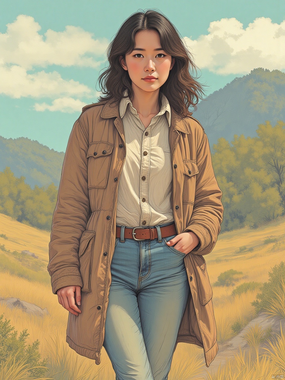 color line draft style,a young woman,outdoors