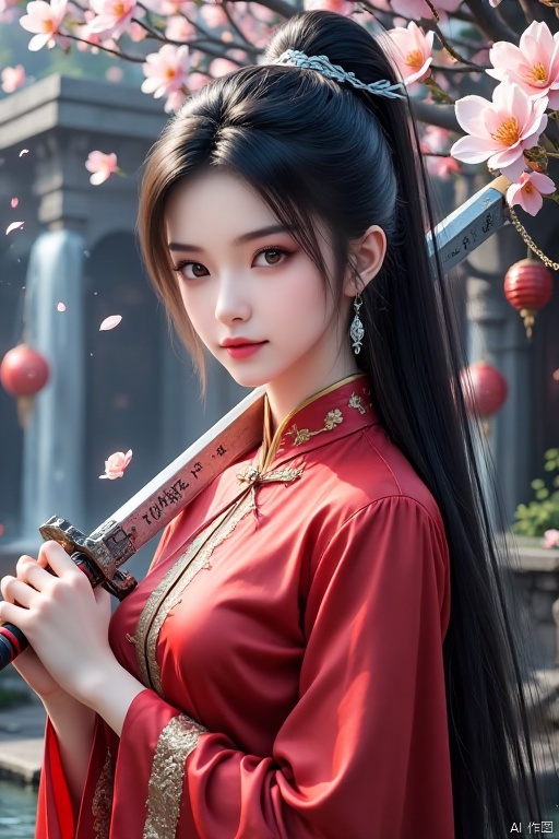 1 girl, solo, long hair, looking at the viewer, black hair, hair accessories, long sleeves, dress, jewelry, upper body, ponytail, earrings, red cheongsam, Chinese clothing, fabrics have traces of time, with the golden silk edge, looks simple yet fashionable. White Phnom Penh hair ornaments, she held a long iron sword, sword engraved with ancient runes, eyes show determination and determination.