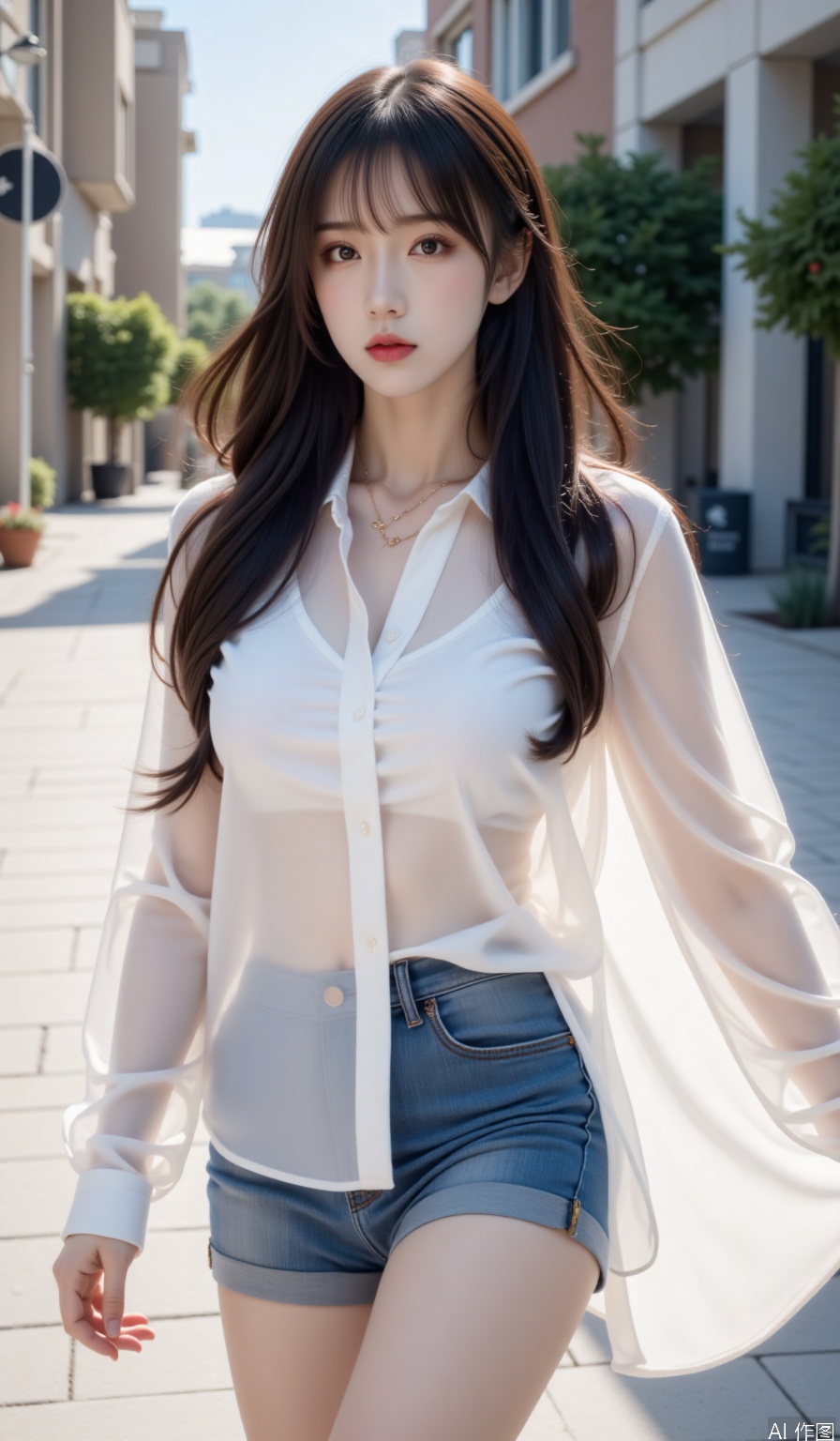 Theme description: A beautiful woman with long-haired hair in a summer street wearing a translucent white shirt with denim shorts walking scene, the hem of the shirt naturally hangs down. Aesthetic description: Sunlight penetrates the shirt to create a hazy skin-transparent effect, the washing patterns of denim shorts are clearly visible, and the ends of the hair are raised with natural curves Professional description: Dynamic capture shooting techniques, the ratio of light and shadow between the characters and ambient is 1:2, using Canon EOS R5 with an 85mm fixed-focus lens
