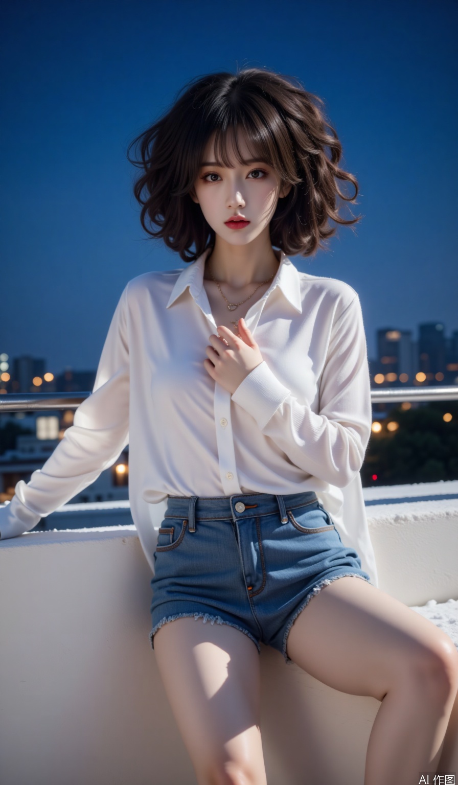 Theme description: Curly hair model wears a translucent white shirt with rosted denim shorts against the roof railing, and one-handed lifting of silk to expose the neck line
Aesthetic description: Neon lights the transparent feeling of the shirt in the night scene of the city, the wool fibers of the denim are clearly visible, and the curly curly reflects ambient light
Professional description: Telephoto compression background blur technique, ISO control at 800, shooting using Panasonic S1R with 70-200mm lens