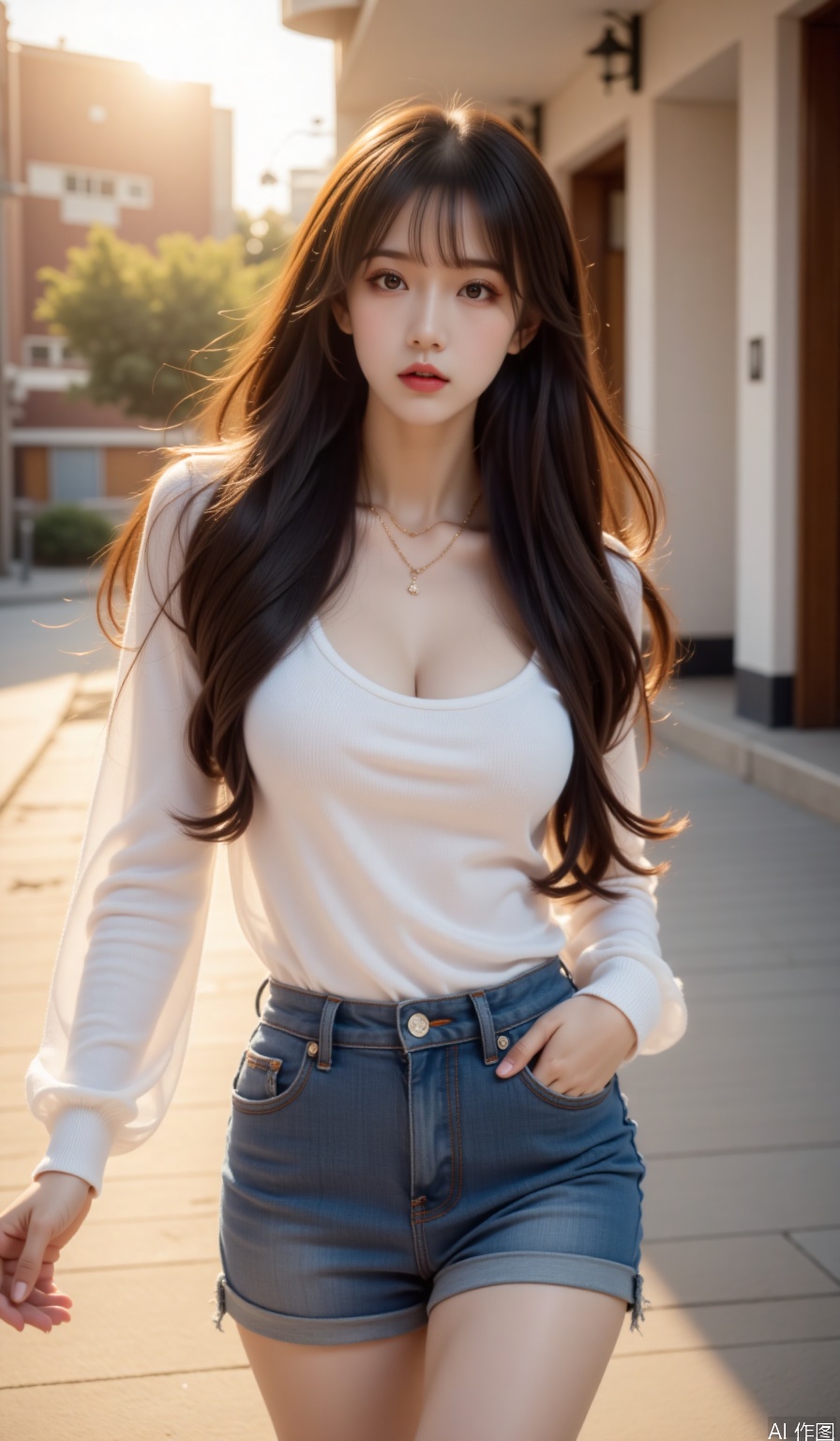 Title description: A long-haired beauty wore a low-cut translucent white shirt and grinded denim shorts walking on the street at dusk, the corners of her shirt rose in the wind
Aesthetic description: The golden light of the sunset penetrates the shirt to create an amber skin-transparent effect, the denim grinding texture is three-dimensional, and the hair is plated with warm golden halo
Professional description: dynamic blur background processing, shutter speed 1/500 to capture the fluttering hair, use Nikon Z9 with 24-70mm F2.8 lens