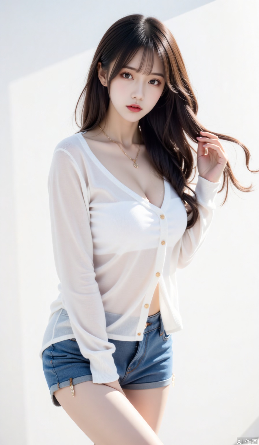 Theme description: A beautiful woman with flowing long hair was wearing a low-cut translucent white shirt and denim shorts standing sideways, with a pure white background setting off her body contour. Aesthetic description: Natural soft light highlights the translucent texture of the shirt, denim fabric presents delicate texture, and hair flutters naturally with the wind. Professional description: Ultra-high-definition commercial photography, 8K resolution, professional model body control, background blur and soft transition, shooting with Fuji GFX100 camera