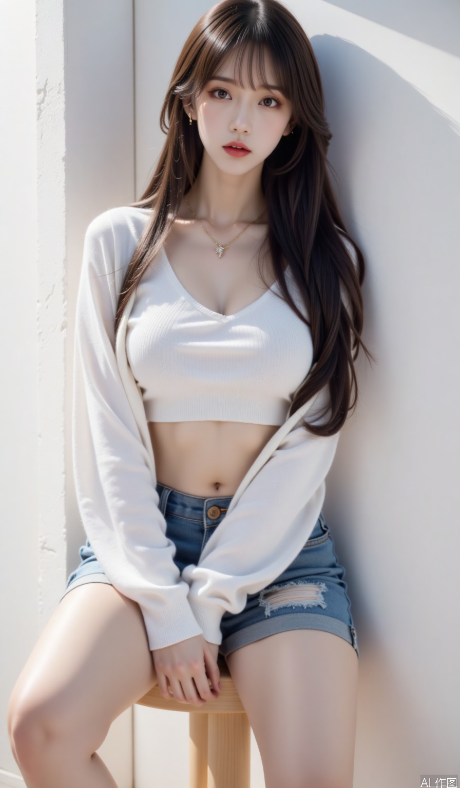 Theme description: The model with long hair and waist wears a translucent shirt with ripped denim shorts sitting on a high stool, and her legs overlap naturally. Aesthetic description: The ring light highlights the collarbone lines, the shirt reveals the inner outline, and the denim ripped mouth reveals a healthy skin tone. Professional description: Studio-level soft box combination light is used to capture dynamic hair, shutter speed is 1/200, and shoot with Hasselblad X2D camera