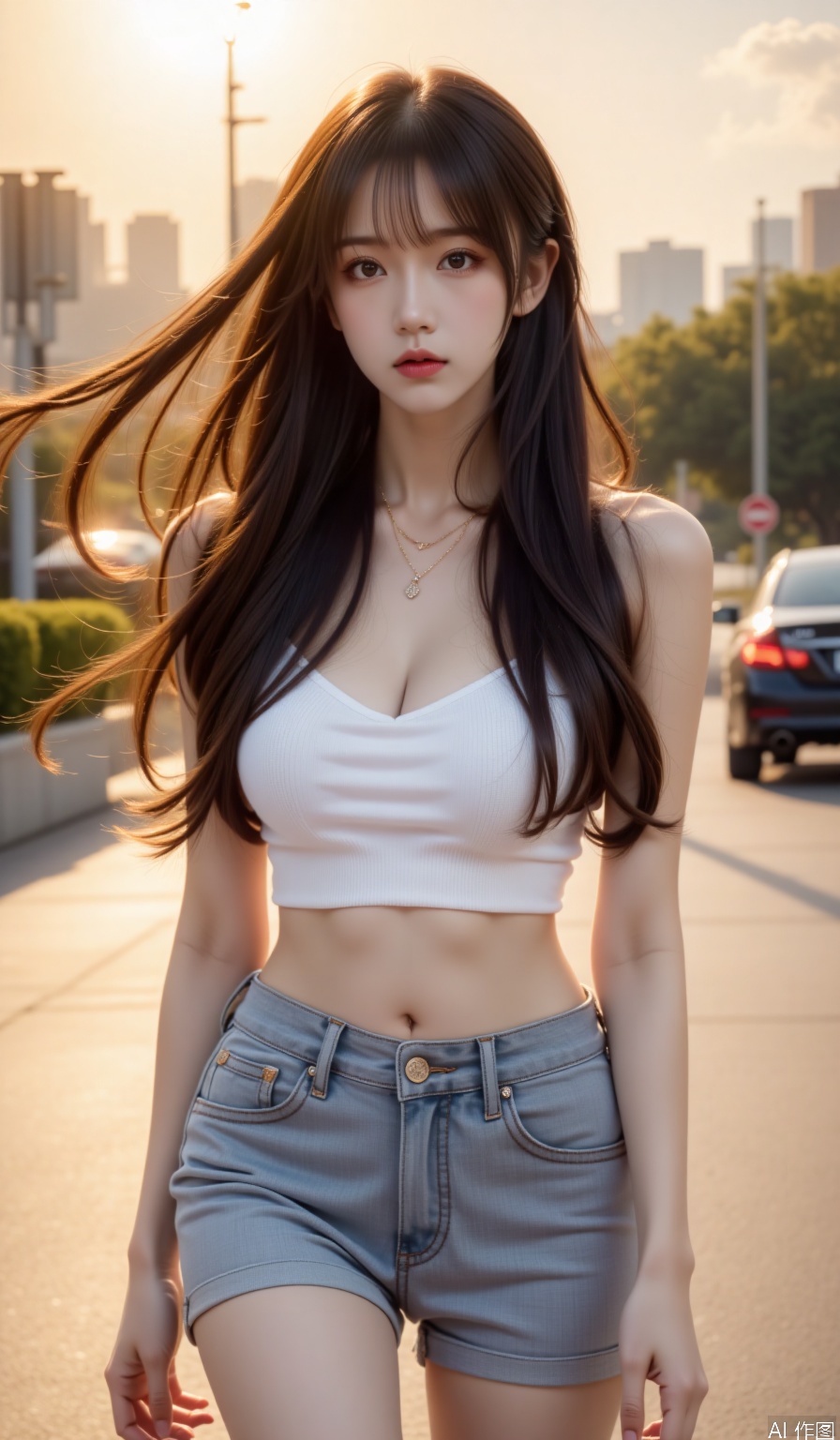 Title description: A long-haired beauty wore a low-cut translucent white shirt and grinded denim shorts walking on the street at dusk, the corners of her shirt rose in the wind
Aesthetic description: The golden light of the sunset penetrates the shirt to create an amber skin-transparent effect, the denim grinding texture is three-dimensional, and the hair is plated with warm golden halo
Professional description: dynamic blur background processing, shutter speed 1/500 to capture the fluttering hair, use Nikon Z9 with 24-70mm F2.8 lens