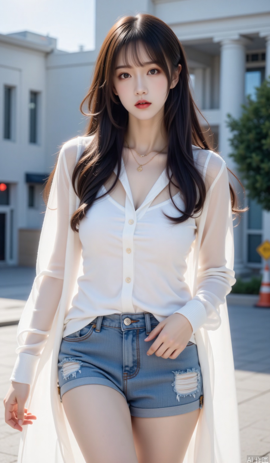 Theme description: A beautiful woman with long-haired hair in a summer street wearing a translucent white shirt with denim shorts walking scene, the hem of the shirt naturally hangs down. Aesthetic description: Sunlight penetrates the shirt to create a hazy skin-transparent effect, the washing patterns of denim shorts are clearly visible, and the ends of the hair are raised with natural curves Professional description: Dynamic capture shooting techniques, the ratio of light and shadow between the characters and ambient is 1:2, using Canon EOS R5 with an 85mm fixed-focus lens