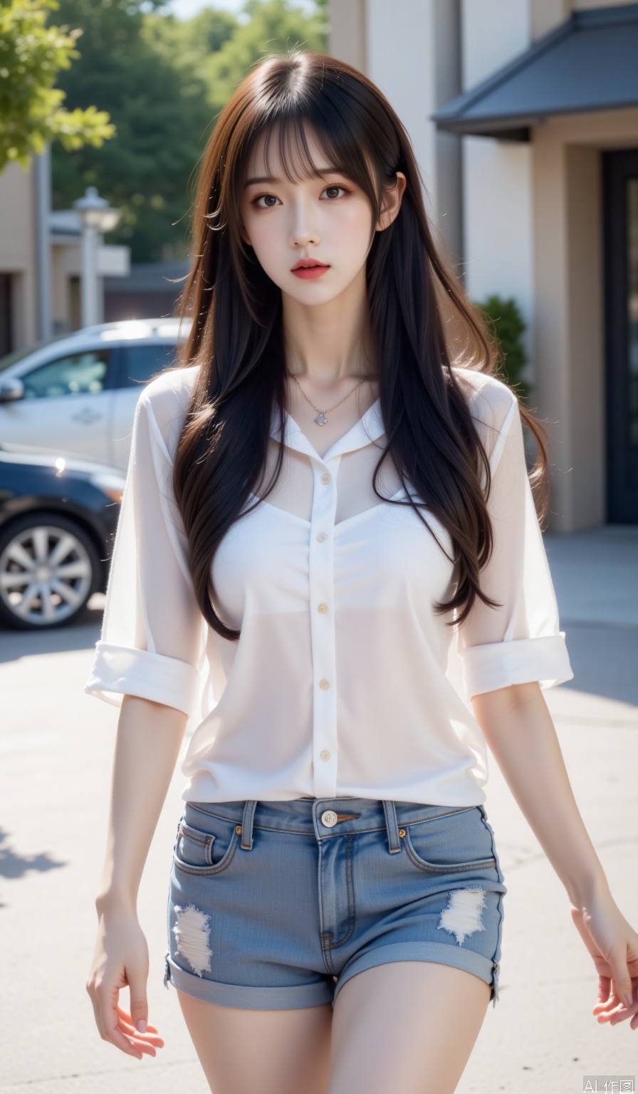 Theme description: A beautiful woman with long-haired hair in a summer street wearing a translucent white shirt with denim shorts walking scene, the hem of the shirt naturally hangs down. Aesthetic description: Sunlight penetrates the shirt to create a hazy skin-transparent effect, the washing patterns of denim shorts are clearly visible, and the ends of the hair are raised with natural curves Professional description: Dynamic capture shooting techniques, the ratio of light and shadow between the characters and ambient is 1:2, using Canon EOS R5 with an 85mm fixed-focus lens