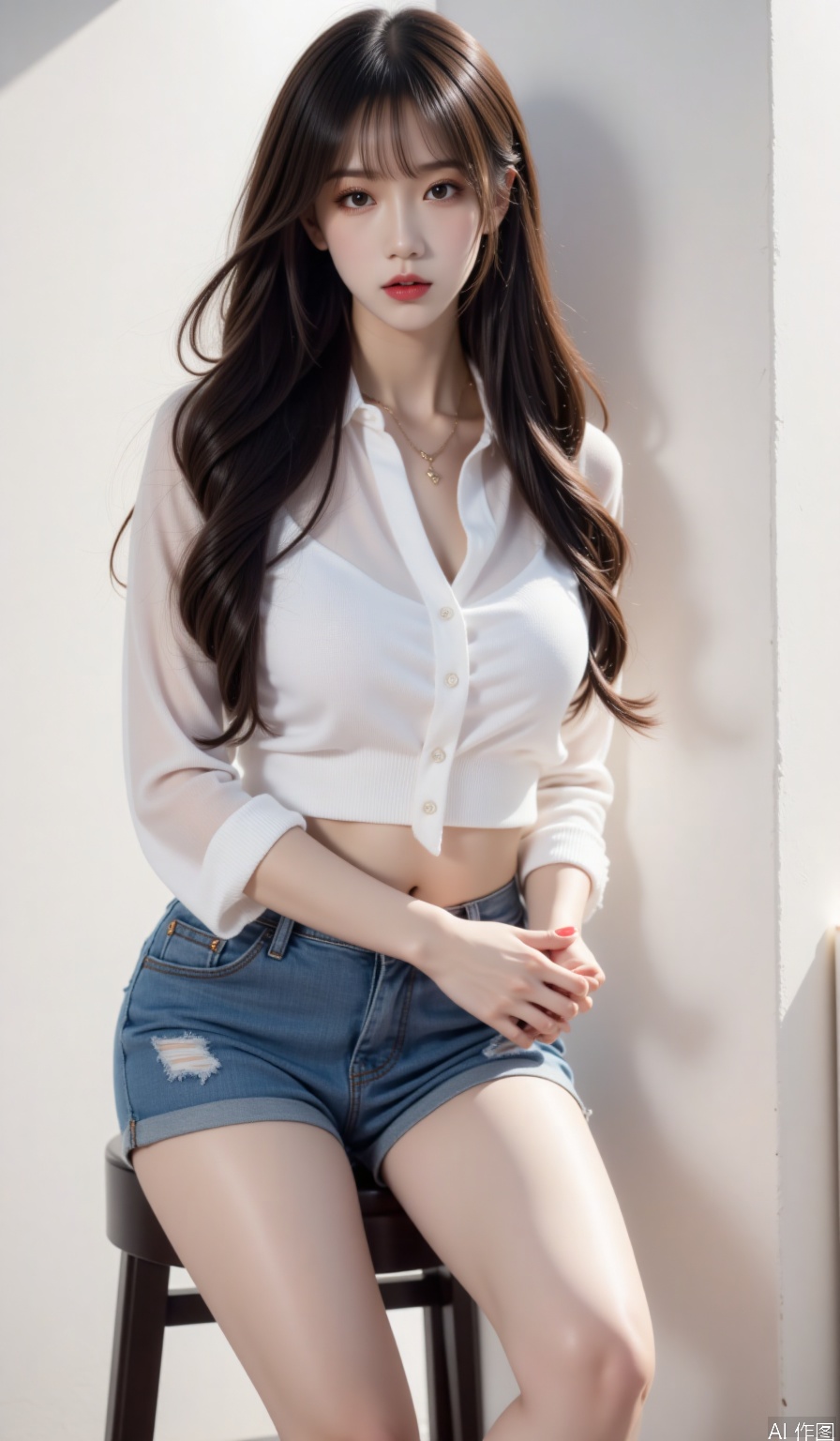 Theme description: The model with long hair and waist wears a translucent shirt with ripped denim shorts sitting on a high stool, and her legs overlap naturally. Aesthetic description: The ring light highlights the collarbone lines, the shirt reveals the inner outline, and the denim ripped mouth reveals a healthy skin tone. Professional description: Studio-level soft box combination light is used to capture dynamic hair, shutter speed is 1/200, and shoot with Hasselblad X2D camera