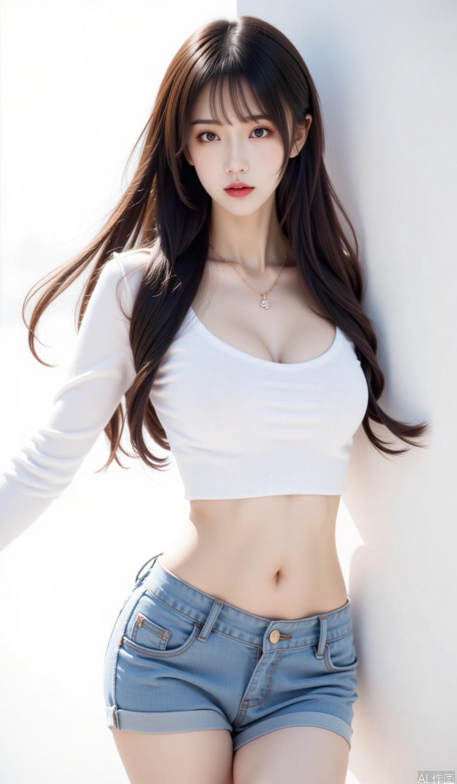 Theme description: A beautiful woman with flowing long hair was wearing a low-cut translucent white shirt and denim shorts standing sideways, with a pure white background setting off her body contour. Aesthetic description: Natural soft light highlights the translucent texture of the shirt, denim fabric presents delicate texture, and hair flutters naturally with the wind. Professional description: Ultra-high-definition commercial photography, 8K resolution, professional model body control, background blur and soft transition, shooting with Fuji GFX100 camera