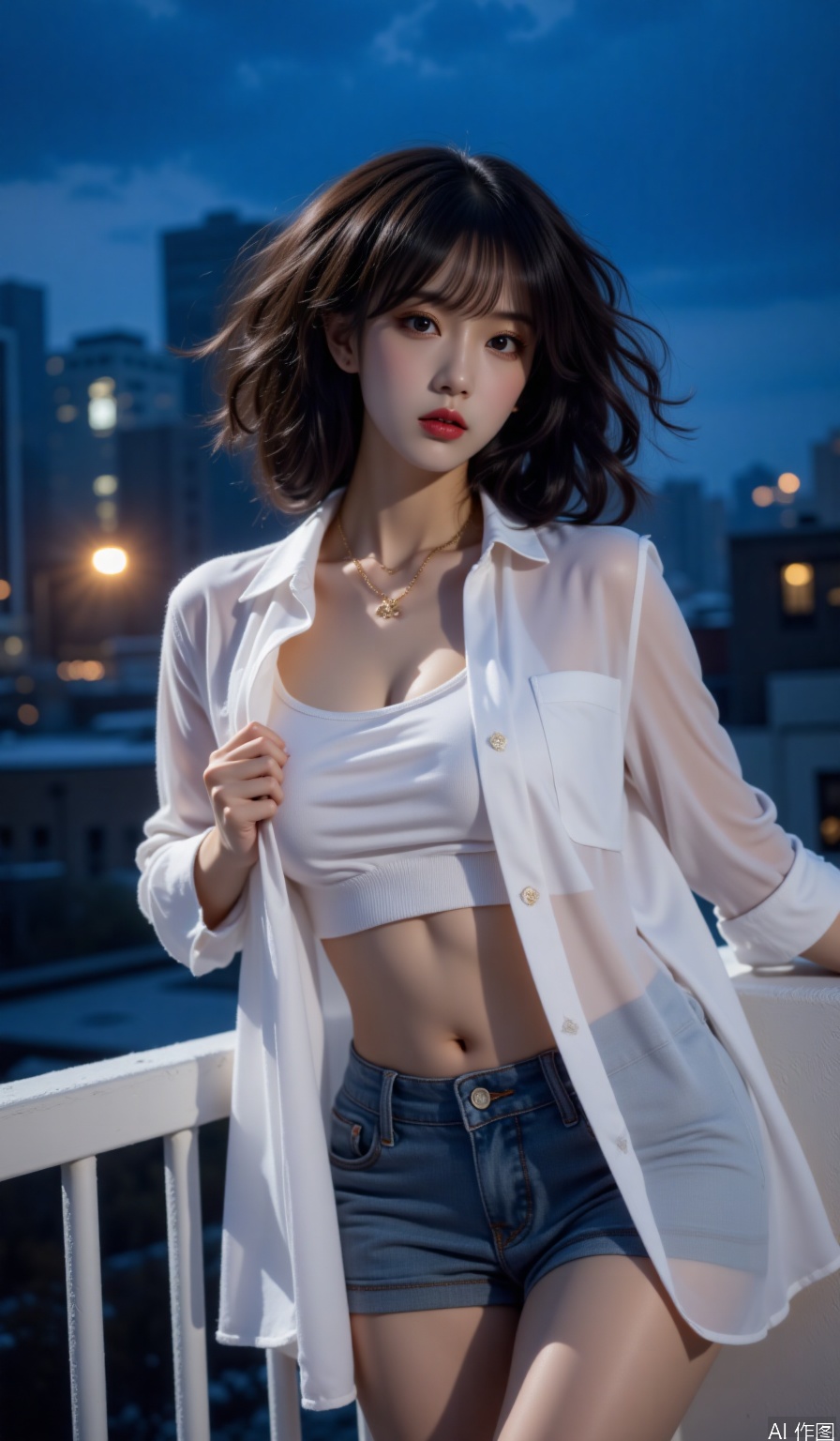 Theme description: Curly hair model wears a translucent white shirt with rosted denim shorts against the roof railing, and one-handed lifting of silk to expose the neck line
Aesthetic description: Neon lights the transparent feeling of the shirt in the night scene of the city, the wool fibers of the denim are clearly visible, and the curly curly reflects ambient light
Professional description: Telephoto compression background blur technique, ISO control at 800, shooting using Panasonic S1R with 70-200mm lens
