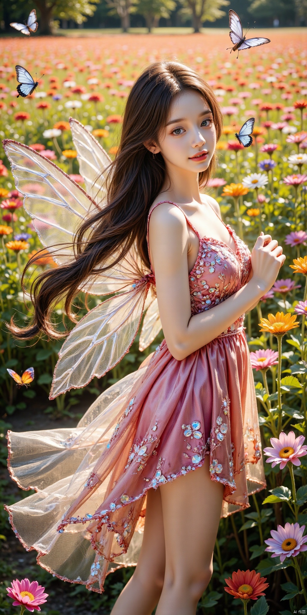 真人肌肤纹理, 4K画质,完美身材,1girl,realistic,looking_at_viewer,A delicate fairy - like girl with realistic, smooth skin dances in a vast field of colorful flowers. The warm, golden sunlight filters through the petals, creating a play of light and shadow on her body. Her long, flowing hair is a blend of various flower colors, cascading down her back. She wears a gossamer - thin, multi - colored dress adorned with tiny, glowing crystals, which shimmer in the sunlight. Her large, almond - shaped eyes are a bright, vivid blue, full of joy and wonder. Her wings, transparent and iridescent, reflect the colors of the flowers around her. Butterflies with wings of every hue flit around her, adding to the dreamy and colorful atmosphere. The field is filled with a riot of colors, from vibrant reds and oranges to soft pinks and purples. This high - quality, high - resolution, highly detailed, photo - realistic masterpiece captures the beauty of a magical flower - filled world.
