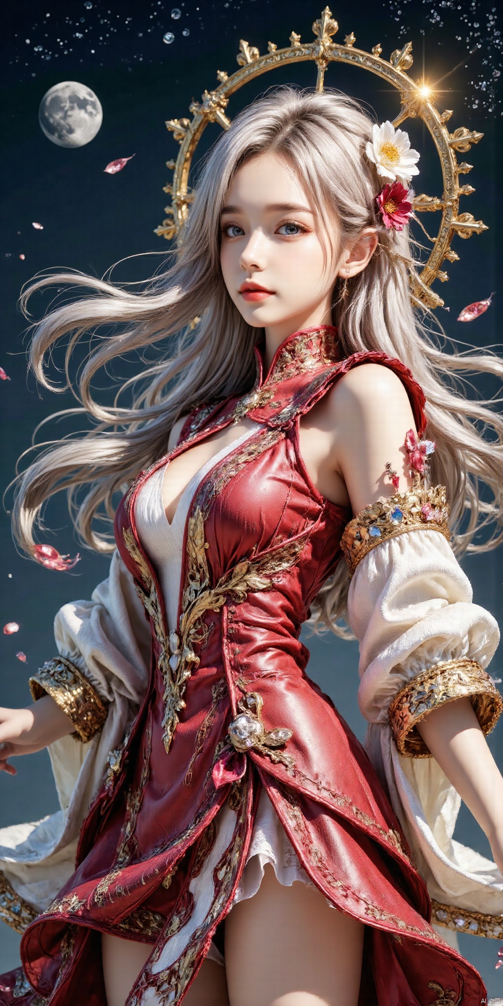 真人肌肤纹理, 4K画质,完美身材, ,1girl,
{{masterpiece}},illustration,best quality,extremely detailed CG unity 8k wallpaper,original,high resolution,oversized documents,portrait,{{{{{extremely delicate and beautiful girl}}}}},{{artbook}},{precise geometry},{{{fantasy}}},white hair,very long hair,gem hair,messy hair,floating hair,hair flowing in the wind,red eyes,beautiful detail eyes,jewel eyes,{{red crystal armor}},red crystal decoration,{{red crystal dragon}},{{red crystal}},fog,drifting ashes,breeze,ashes,casting spells,ice crystal magic,depthoffield,{lens flare},good lighting,{{{{ray tracing}}}},glittering,sparkling,dynamic angle,cinematic angle"}, {"tit": "", "key": "{杰作},极细8K壁纸,高清,专注人物,1girl,{{上半身}},发花,极细的长白发,飘逸的头发,光晕,浅蓝色的眼睛,{{精致的脸}},可爱,详细的星空,雪花,满月,月光,浮城,", "val": "{masterpiece},extremely detailed 8K wallpaper,highres,focus on character,1girl,{{upper body}},hair flower,highly detailed long white hair,floating hair,halo,light blue eyes,{{delicate face}},cute,detailed starry sky,snowflakes,full moon,moonlight,floating city,