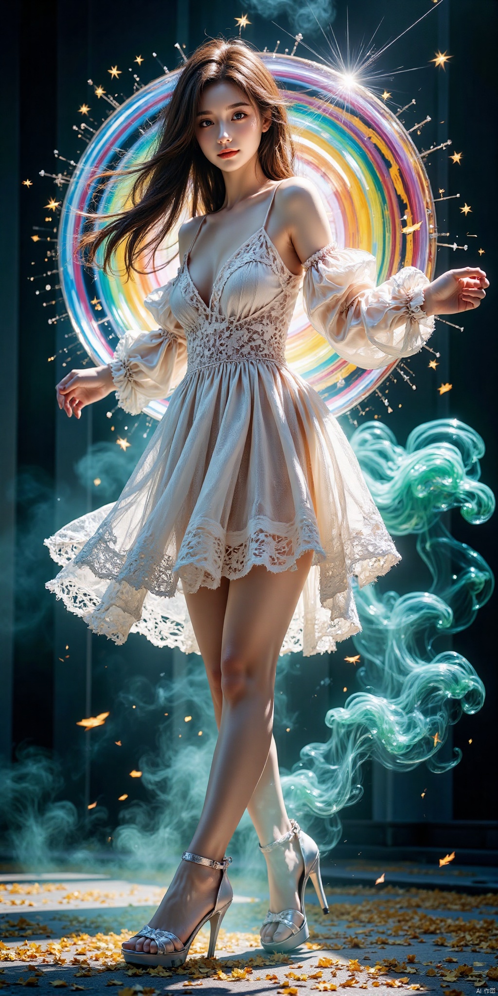 A dynamic AIDA_FXLR_ElonaV,emerges from a spiraling vortex portal of rainbow colors smoke and sparkles,bathed in voluminous light that casts angular shadows across the composition. She is partially obscured by the smoke. She wears a white lace dress. The AIDA_FXLR_ElonaV's pose is energetic and fluid,as if propelled through the wispy fog by an unseen force. The atmosphere is electric,with the cyan haze imbuing the scene with an air of mystery.,angular lines. realistic,masterpiece,high quality,best quality,high resolution,highly detailed,HDR,UHD,vivid colors,slender,,huge_breasts,