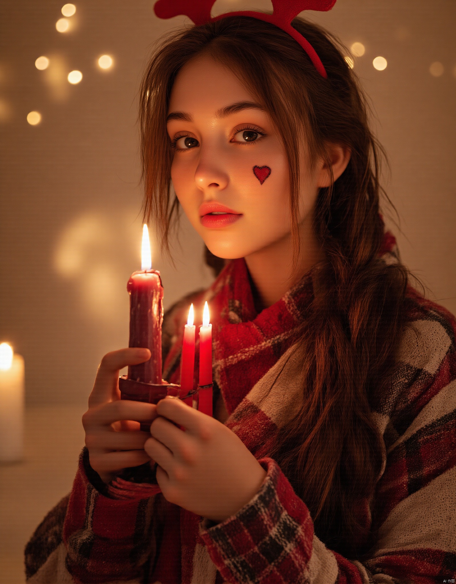 Christmas Photography,SDXZ,Christmas Photography,Aesthetic quality: very high. A young woman with long,dark hair styled in braids,wearing a red and white plaid scarf,holds a lit candle close to her face. She has a heart-shaped mark on her cheek and wears red reindeer antlers. The background is blurred with warm,ambient lighting,and there is a festive,cozy atmosphere. The image has a shallow depth of field. Likely taken with a DSLR camera,using natural lighting.,,.Melon seed face shape,Ultra-clear skin details, able to see skin pores,REFINEDBEAUTY_DA