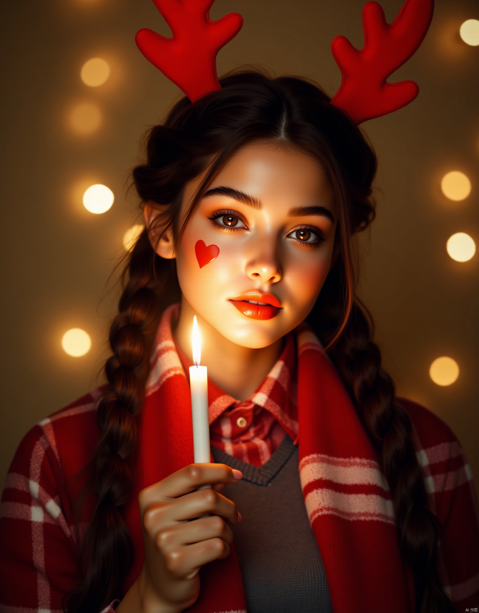 Christmas Photography,SDXZ,Christmas Photography,Aesthetic quality: very high. A young woman with long,dark hair styled in braids,wearing a red and white plaid scarf,holds a lit candle close to her face. She has a heart-shaped mark on her cheek and wears red reindeer antlers. The background is blurred with warm,ambient lighting,and there is a festive,cozy atmosphere. The image has a shallow depth of field. Likely taken with a DSLR camera,using natural lighting.,,.Melon seed face shape,Ultra-clear skin details, able to see skin pores,REFINEDBEAUTY_DA