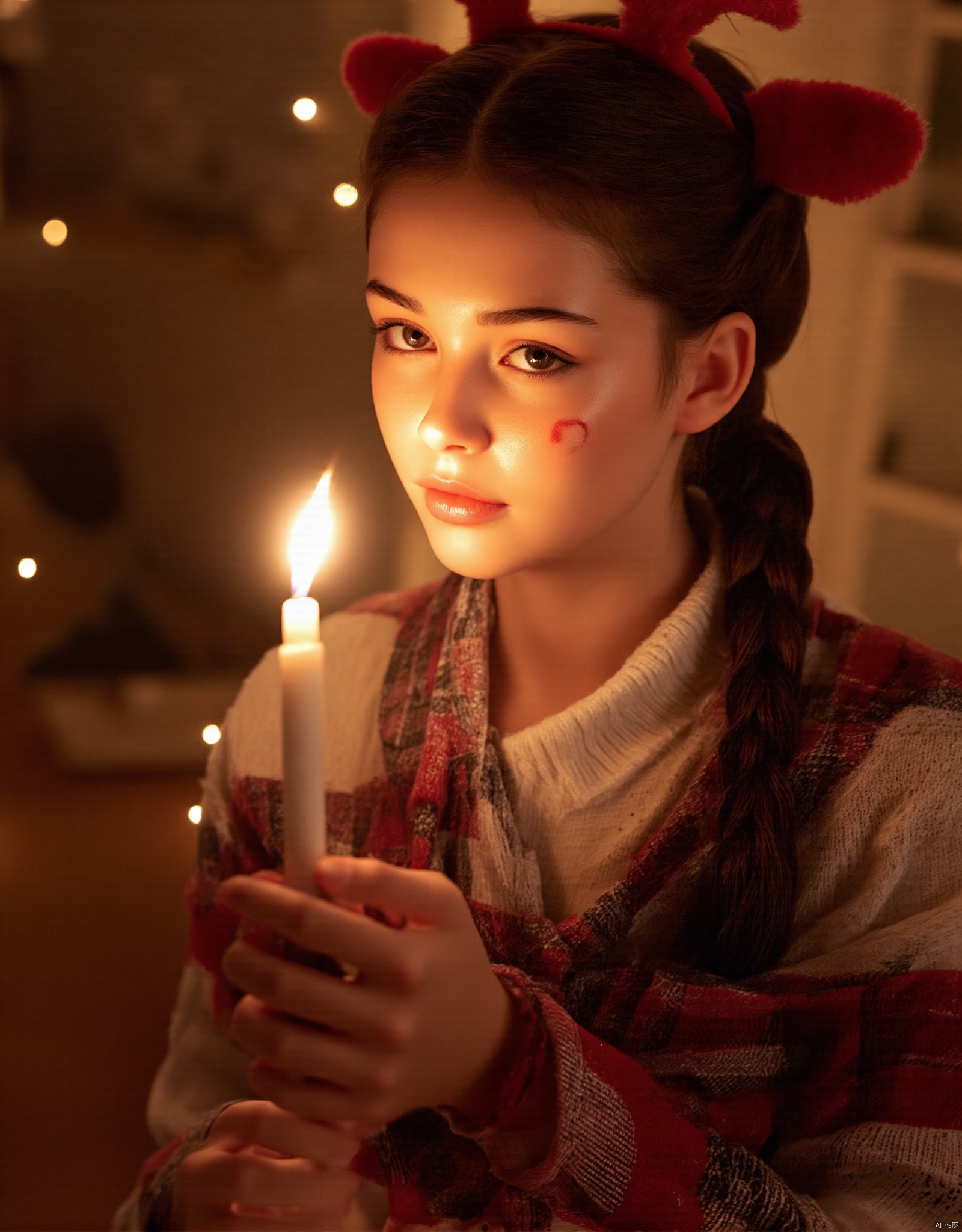 Christmas Photography,SDXZ,Christmas Photography,Aesthetic quality: very high. A young woman with long,dark hair styled in braids,wearing a red and white plaid scarf,holds a lit candle close to her face. She has a heart-shaped mark on her cheek and wears red reindeer antlers. The background is blurred with warm,ambient lighting,and there is a festive,cozy atmosphere. The image has a shallow depth of field. Likely taken with a DSLR camera,using natural lighting.,,.Melon seed face shape,Ultra-clear skin details, able to see skin pores,REFINEDBEAUTY_DA