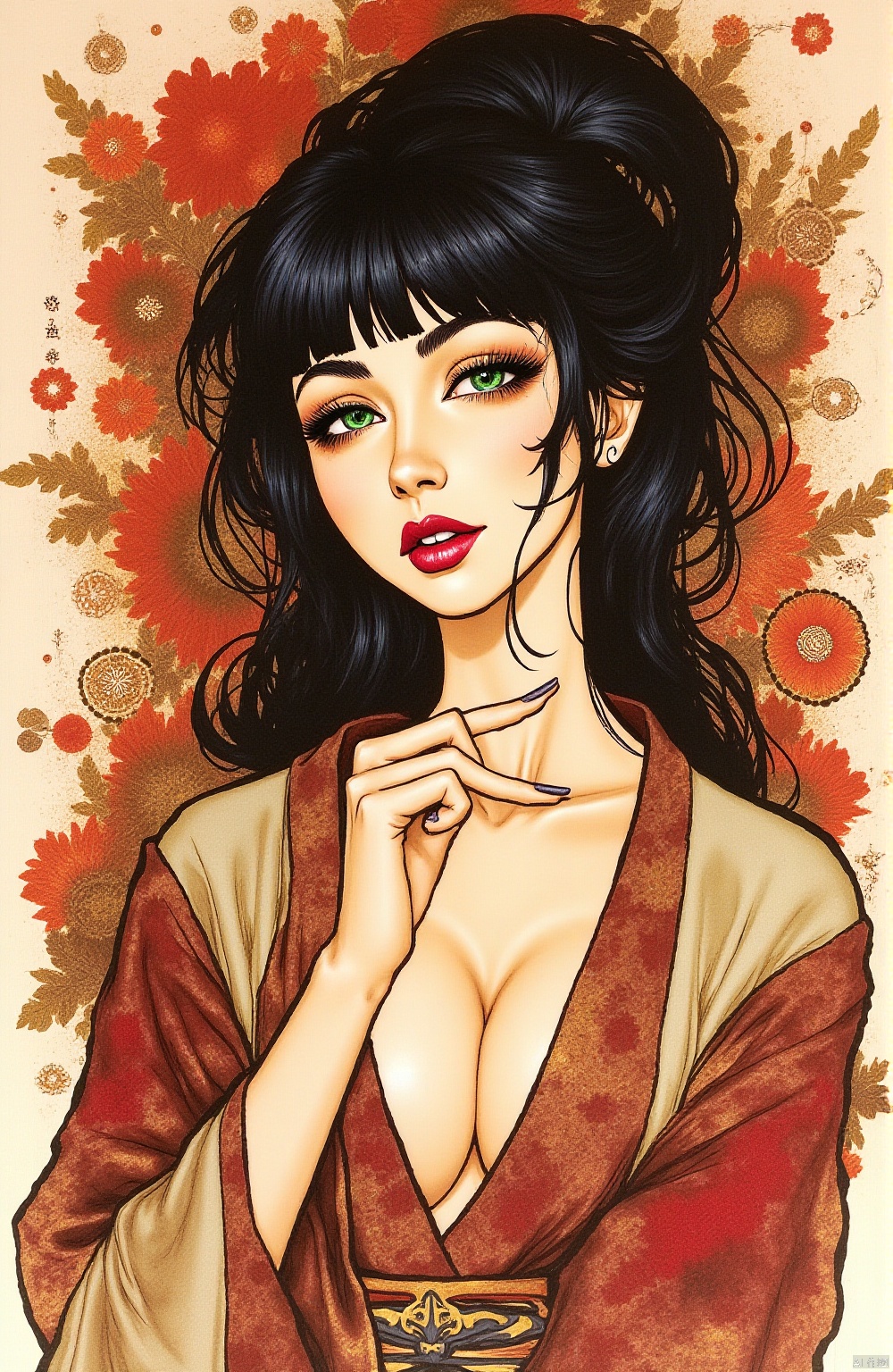 A traditional Japanese ink-on-paper masterpiece blending wabi-sabi aesthetics with a sensual, surreal edge. The artwork features an erotic yet stunning oriental priestess, her delicate face framed by flowing dark hair, bangs, sidelocks. Her captivating green irises glow softly, contrasting against her pale skin, as she gazes seductively at the viewer. Sepia and carmine ink flow harmoniously, She is wearing traditional kimono that slips from her shoulders, revealing deep cleavage. Abstract swirls of henna-hued patterns flow around her form, creating a sense of ethereal movement. Vibrant splashes of surreal colors—a muted crimson, soft gold, and smoky charcoal—enhance the ink composition, giving it life while embracing the imperfections and fluidity of wabi-sabi. The priestess embodies a mystical yet erotic presence, seamlessly merging traditional Japanese beauty with surreal allure,AIDMAFLUXPROULTRA